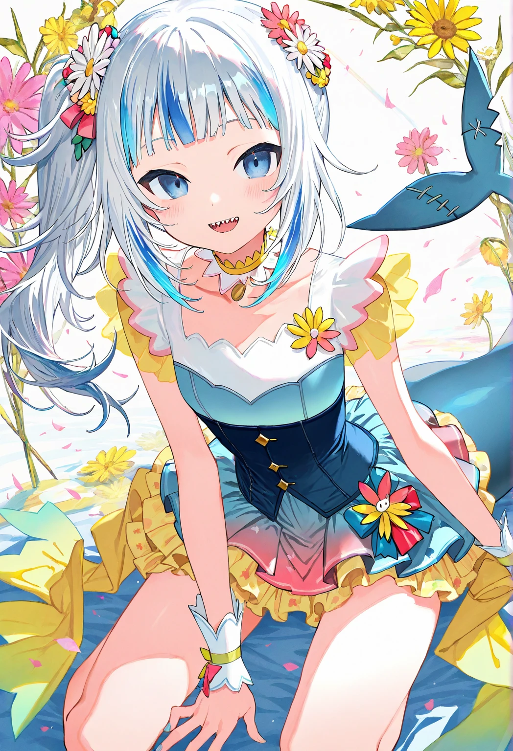 (1girl), grey hair, amber eyes, purumia, heart trace, teen, simple background, figure, bent over, bee, bird, butterfly, erotic tattoo, \\o/, flower wreath, doujin cover, >3<, pearl hair ornament, funky vibe, grasping pose, tabby cat, how to, aroused, detailed fingers, <lora:anime_figure:1>