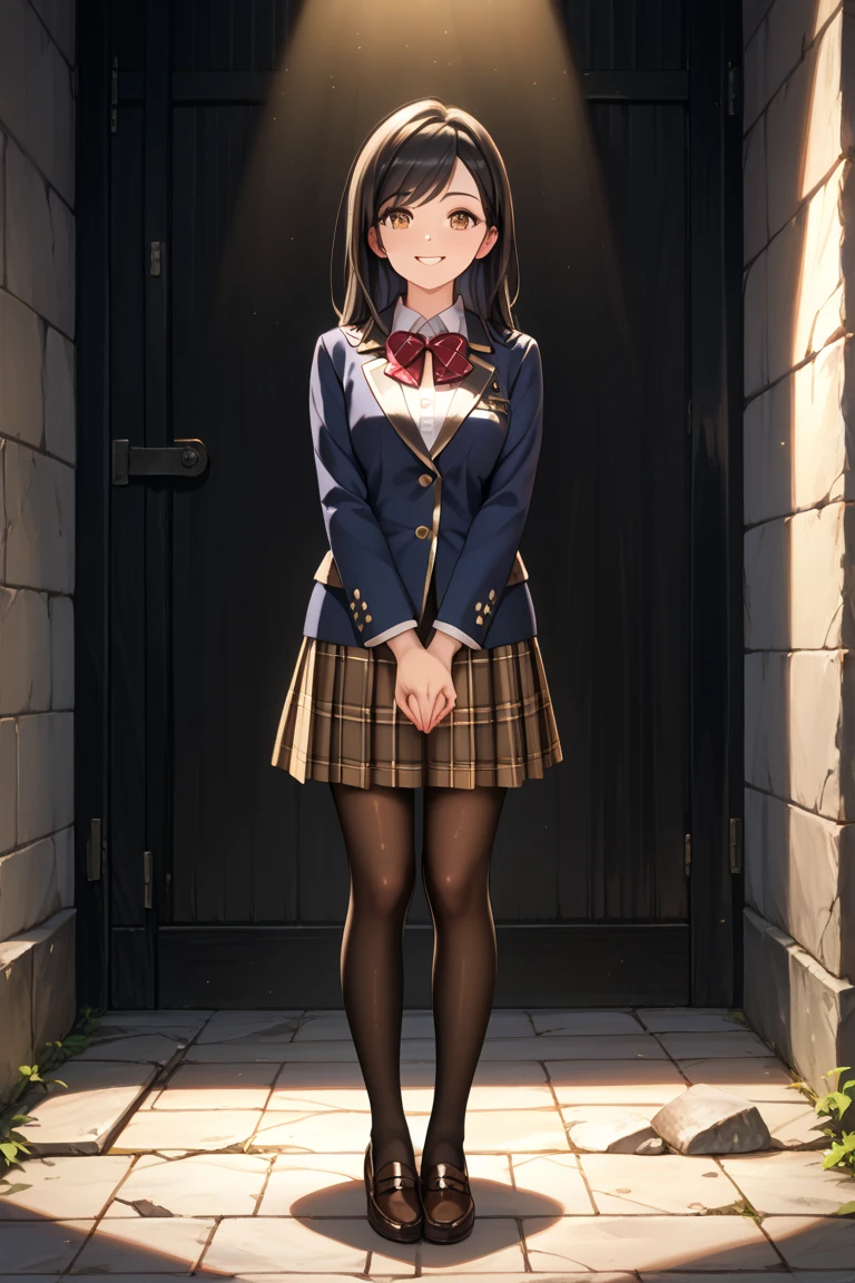 High resolution,8K,best quality,detailed,semi-realistic anime,anime 3d style,smooth anime CG,1 girl,20 year old Japanese woman,slim,model,shiny chestnut hair,medium hair,detailedに書かれた顔,綺麗でdetailedな瞳,glowing skin,(school uniform,beige cardigan),((blue bow tie)),hard focus particles,soft lighting,look at the audience,A sluggish smile