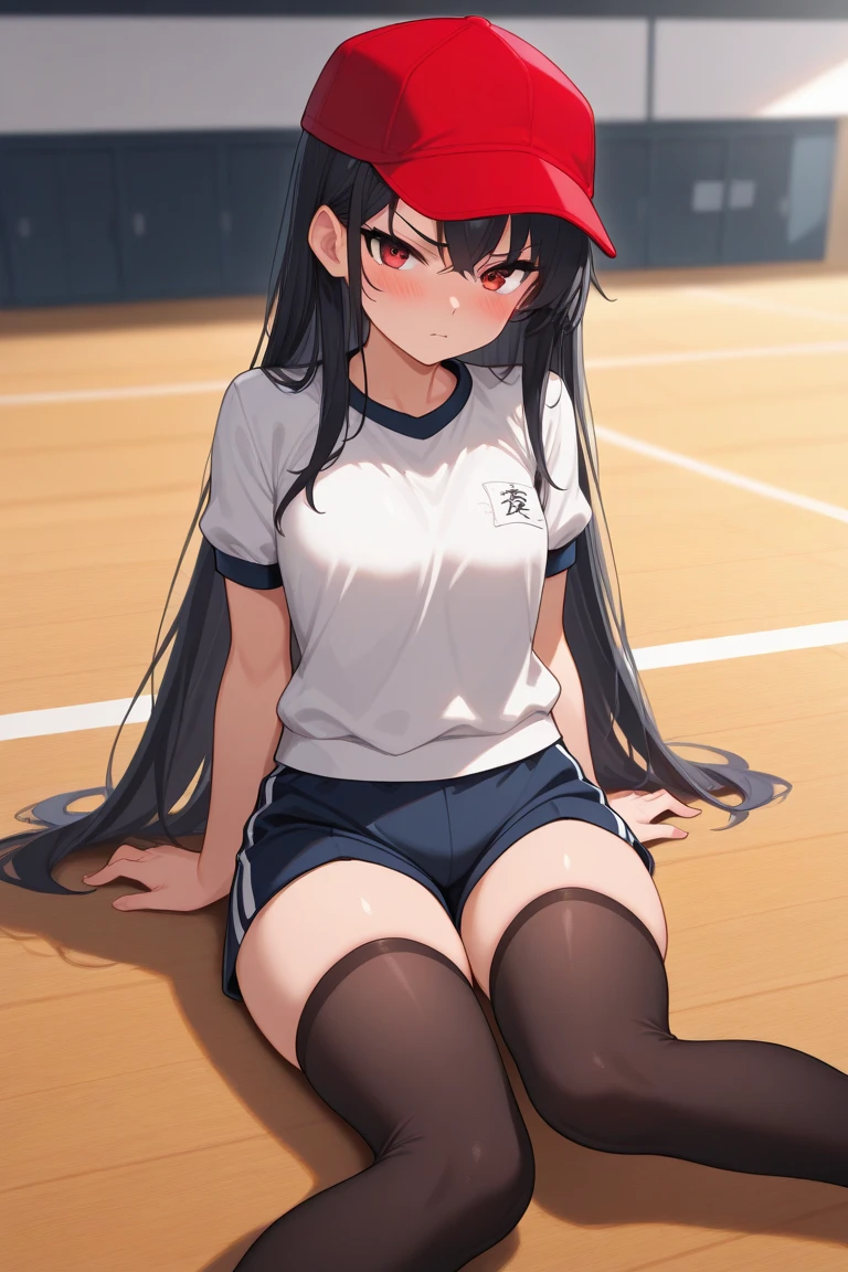 masterpiece, ultra quality, ultra sharp, ultra detailed, 1girl, solo, (((good anatomy))), haduki kurumi, (tattered torn dripping wet white gym shirt), navy gym pants, animal ears, randoseru, name tag, Japanese anime pose, laugh, BurumaShorts, Buruma, Gym Uniform, (((sitting, squatting, spread_legs, legspread, split_legs, spreading legs)), (randoseru backpack:1.4), (smug smile), buruma, blue buruma, black buruma, (cameltoe), (tattered torn short sleeve white gym uniform with colored hem), (tiny nipples), (white long loose socks), strong lighting, legspread, bukkake, cum on clothes, cum on legs, cum on buruma, cum on bloomers, (spreading pussy by hands)