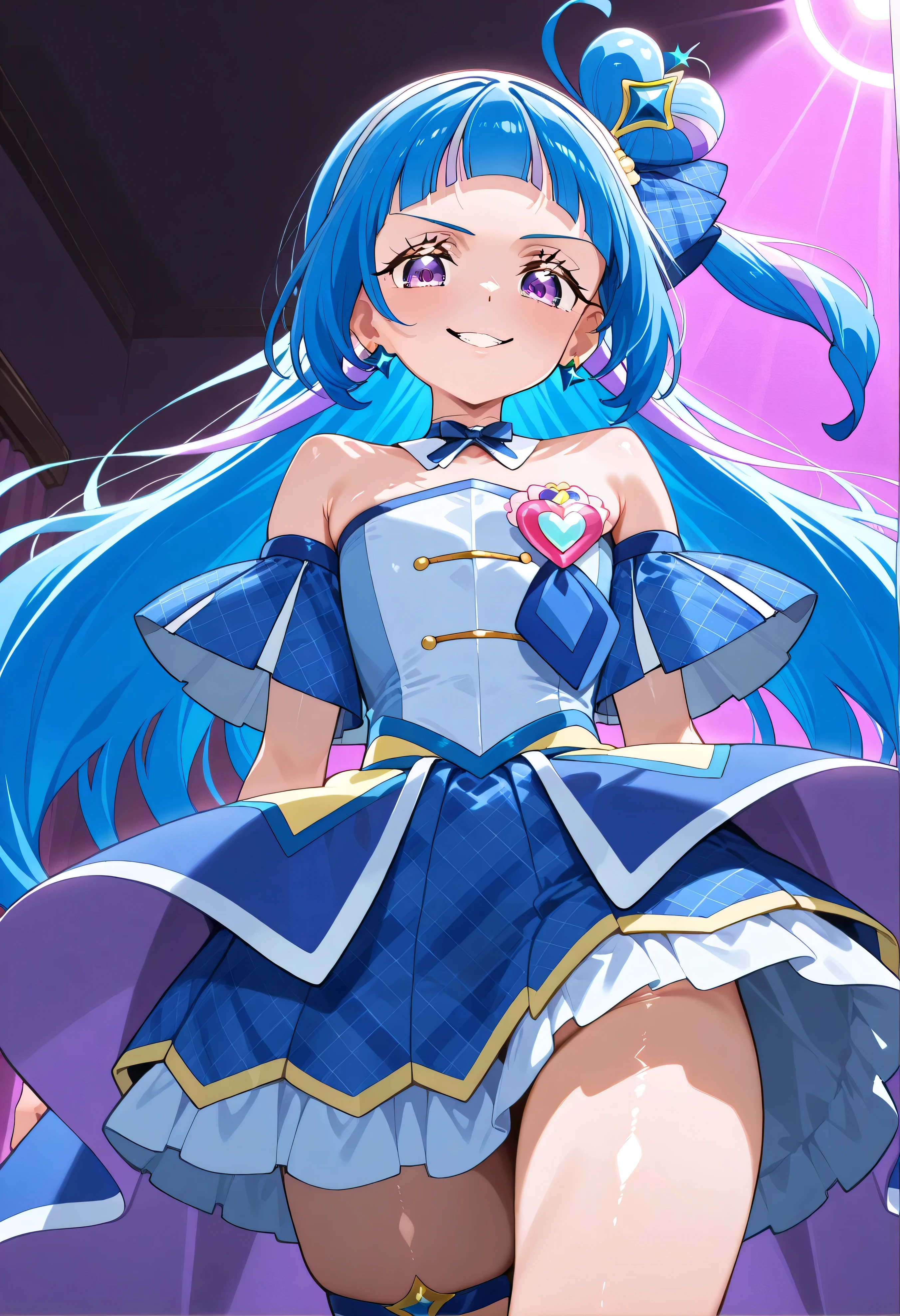 、 Look Down、from below、 break、Cure Wink、cure winks 、Idol Kimi and Idol Pretty Cure Blue Hair、Magical Girl、 mini crowns、purple eyes, blue dress ,slanted hat,very long hair,Dull bangs,bare shoulder,headband,,,nsfw,evil smile、shiny skin NSFW,
