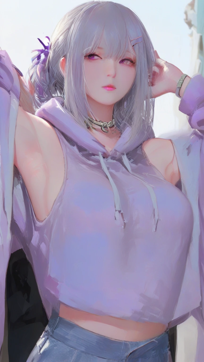 (Finest quality)),(A high resolution),(ultra-detailed art),(Meticulous portrayal),((Best Anime)),(Finest works of art),sharpness,Clear,Ultra-Precision Art,The art of astounding depiction,
earrings, collar,
short Hair, purple hair, vibrant purple hair, extremely detailed hair, detailed bangs, with bangs, shoulder-length hair only, gray headband,
pretty face, beautiful lips, soft lips,pretty face, close up face,serious face, pretty nose, beautiful nose,
pretty eyes, beautiful eyes, detailed eyes, perfect eyes, green eyes,
clear skin,white skin, soft skin, small bust,
korean girl, korean beauty, irene, red velvet irene,
gray jacket with hoodie, detailed hoodie, gray headband, forehead protector,
looking at camera,
standing, cool pose,
super low-angle shot, looking down, no background,
detailed skin, detailed thighs, detailed arms, cover breasts,
slim body,