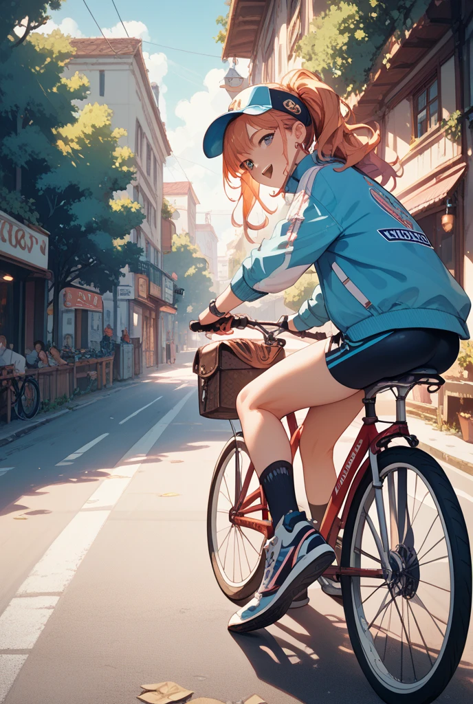 Orange Hair　Wearing a helmet　cute　Riding a bicycle　in the agreement