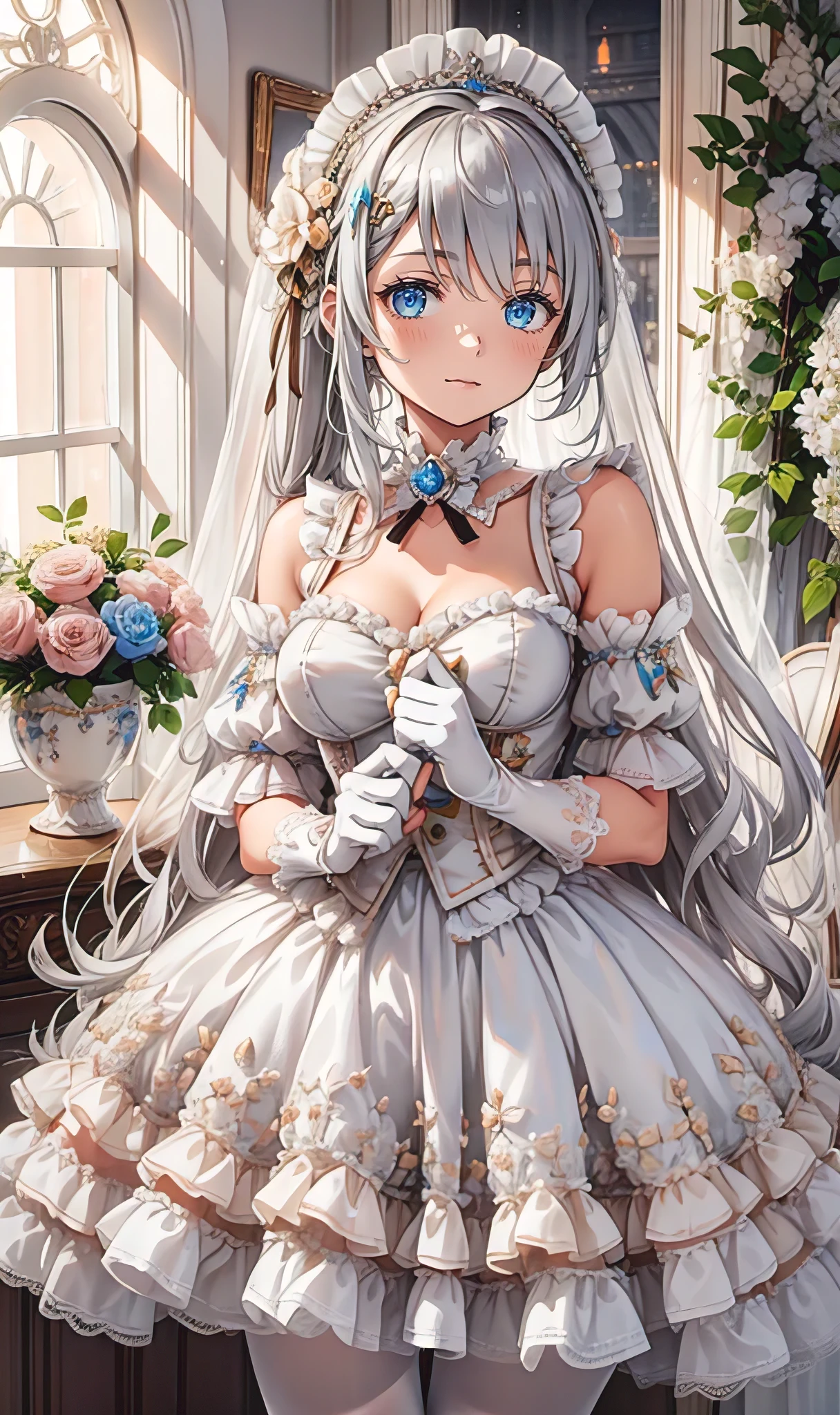 milkshake ,Attractions, Have Fun ,in love,( girl in white modern shirt 、 dress and pantyhose :1.2),( white ruffle bow gloves ), Silver Hair , golden eyes,Sacred headdress, transparent lace , Gorgeous Dress , alone,European bedroom,(night:1.1),Delicate Beautiful Face ,Ta,Flowers on clothes , colorful flowers