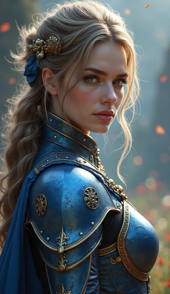 victorian young woman,long hair, blonde hair, braided hair, green eyes, snake eyes, female armour, dark blue armour