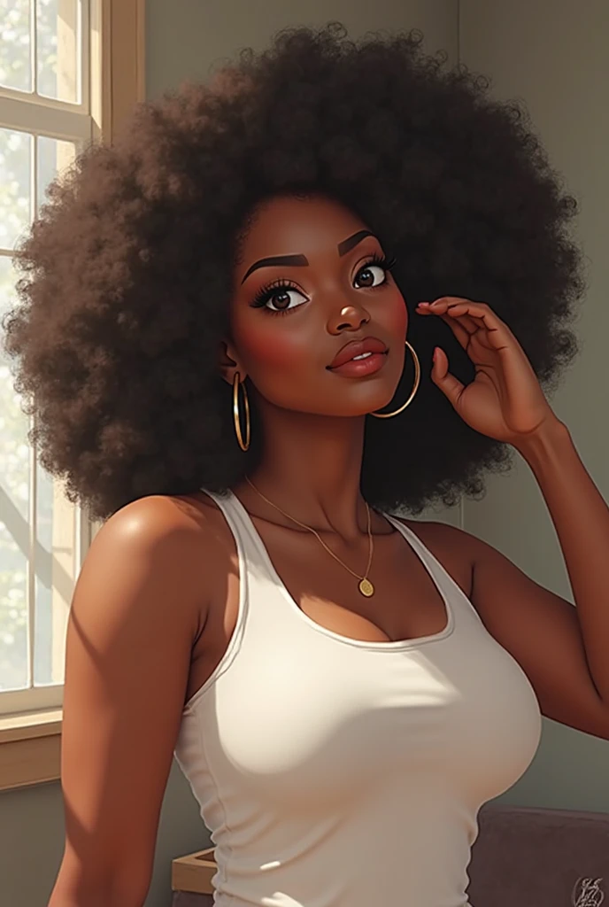 (masterpiece, best quality, SFW), deep ebony 1girl, beautiful face, Kimberly_jackson, freely afro curls, unbuttoned Knotted shirt, jean shorts