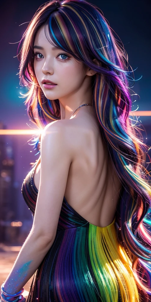extra  detail photography arts 8k ,standing,beautiful,softly illuminated face,flowing hair,perfect features,perfect hands,fluorescent semi-transparent clothes,sitting in space between celestial bodies,black background with dots of glitter