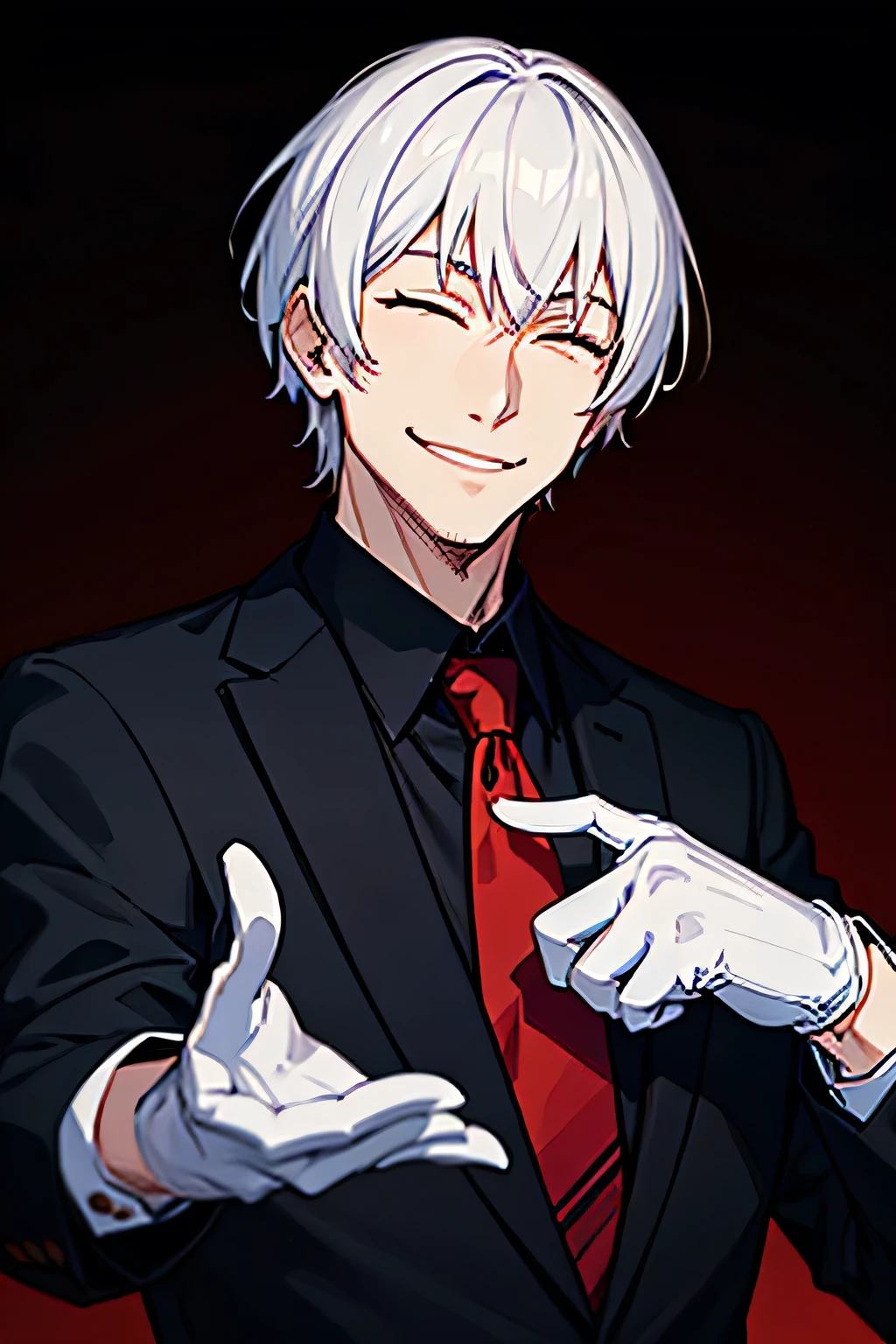 32 year old man, Indonesian, a government assassin, wearing a black blazer, wearing a red tie, white hair with a hint of red, eyes closed, smiling face, wearing white gloves, has a leadership aura, facing forward, half body, hd