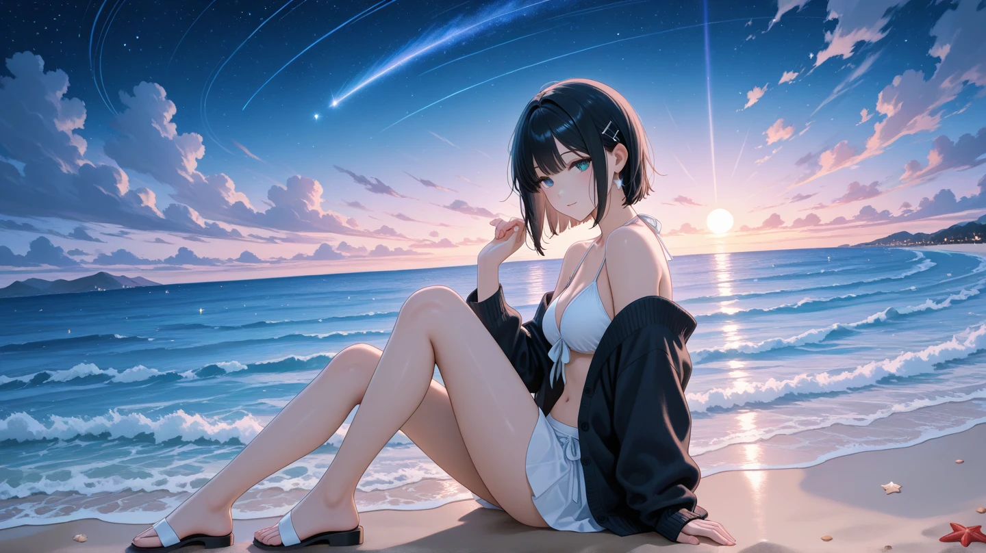 One girl, Beautiful Face, ((White eyes)), Sexy pose, Red moon in the background, performer, space, (Lightroom:1.13), Soft Light, (Natural skin texture:1.2), (Hyperrealism:1.2), Sharp focus, Concentration,[[Realistic]]、Full Body、Beach、Flowing Clouds、lingerie、headphone