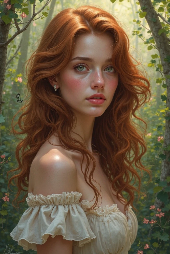 painting of a pale skin muscular 18 year old redhead girl with huge breasts in a classical setting, featuring intricate details in her delicate facial features, graceful posture, and soft flowing hair, surrounded by lush greenery and soft dappled light, in the style of William-Adolphe Bouguereau, capturing the essence of beauty and realism