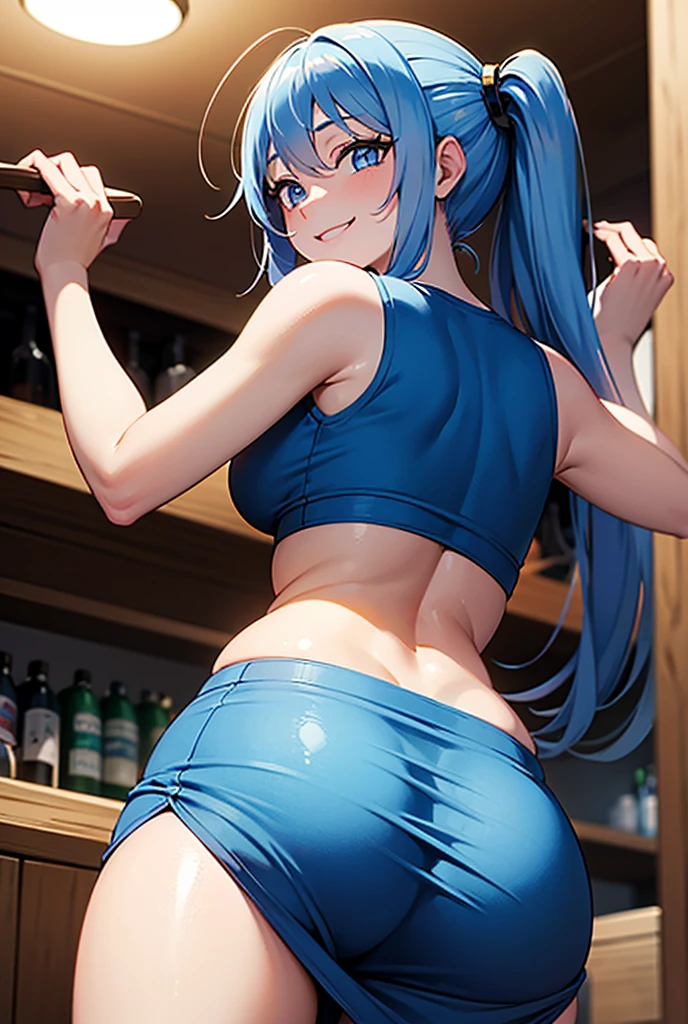 woman,14 years old,pool,noon,(((White and blue swimsuit))),,open mouth smile(())(See-through),(()),(()),blush、surprised face,((())),((turn around and look back))(wet with water)Reflecting the buttocks,Man streak,