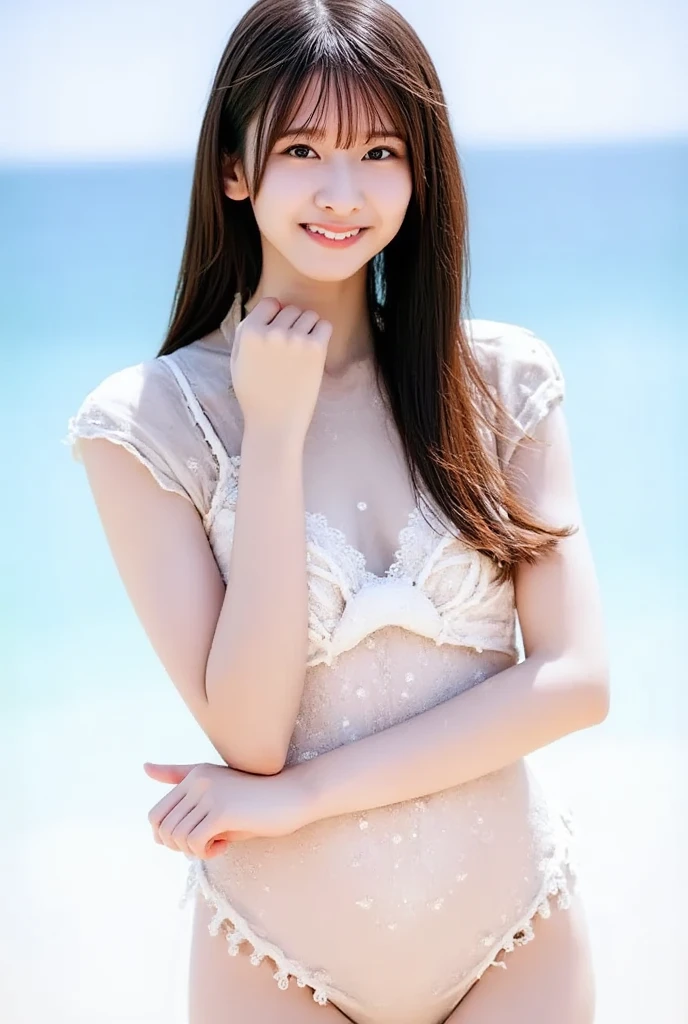 Tabletop、(Highest quality、4K、8K、High resolution、Masterpiece: 1.2)、Super detailed、(Real、Photorealistic、Photorealistic: 1.37)、Full Body Shot、Complex and beautiful eyes、woman、long hair、Natural color lip、whiteTshirt、Bold and sexy pose、smile、Ocean、20 year old girl、A cute and sexy shot looking straight at the camera。