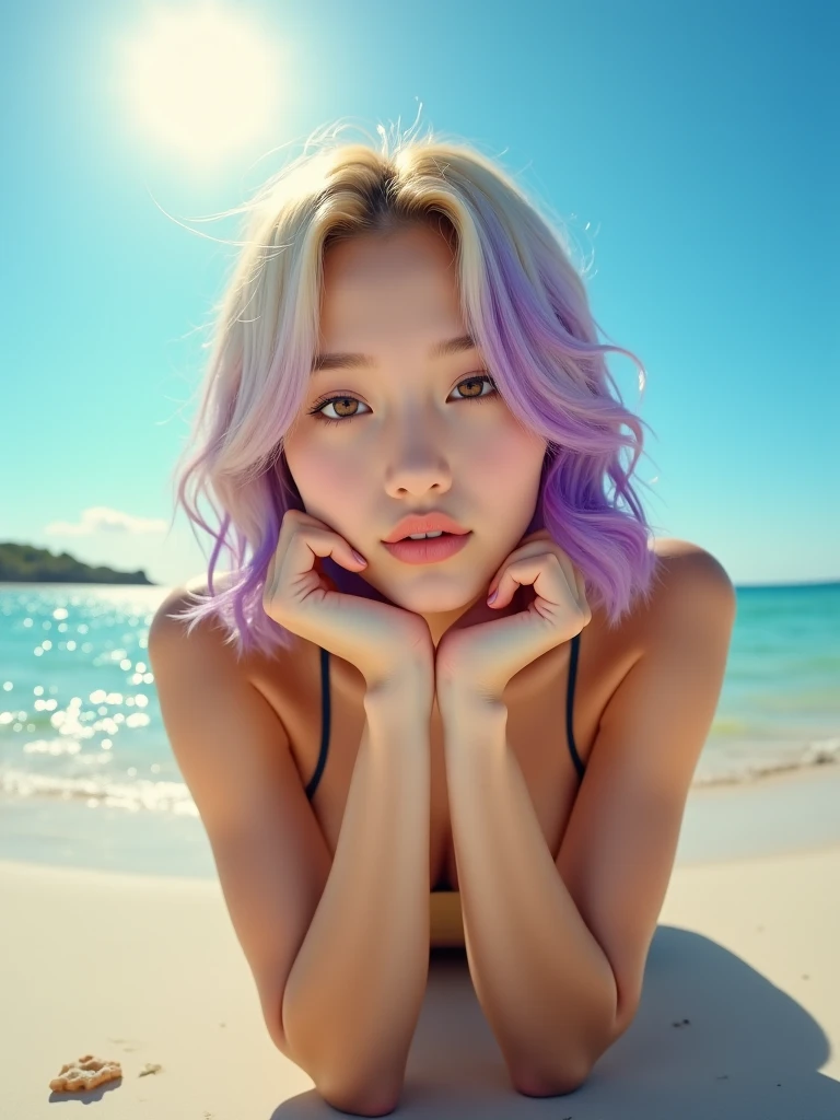 ((Highest quality)), ((masterpiece)), (detailed), From below, Pink Bob Hair, Beautiful school girl, Plump breasts, , Sitting on the shore, Spread your legs, View your viewers, beautiful pink sky and clouds,