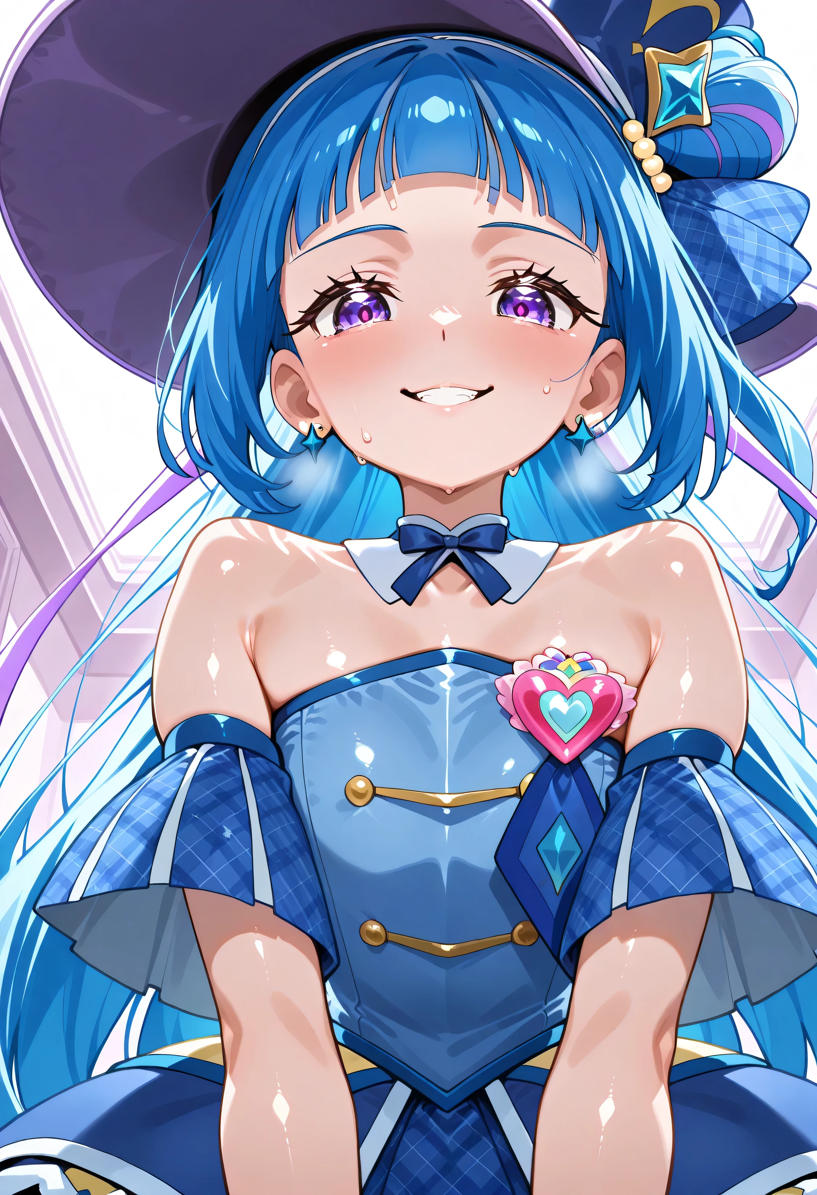 、  Look Down、from below、 break、Cure Wink、cure winks 、Idol Kimi and Idol Pretty Cure Blue Hair、Magical Girl、 mini crowns、purple eyes, blue dress ,slanted hat,very long hair,Dull bangs,bare shoulder,headband,,,nsfw,evil smile、shiny skin NSFW,lewd,
