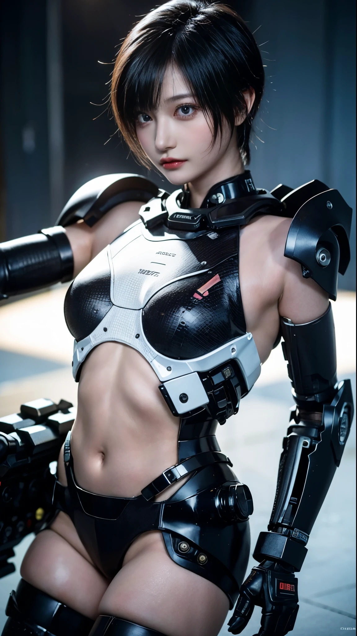 Best image quality, Excellent details, Ultra-high resolution, (realism: 1.4), Best illustrations, Favorite Details, Very condensed one girl, Delicate and beautiful features, (((Wear a red and black cyberpunk mech breastplate))), (((Wearing red and black cyberpunk mech pants))), (((Glowing Breastplate))), (((Shiny pants))),Cool Beauty,Tall Girl,short hair,Black Hair,Accurately expresses the fine details of the face and skin texture,Beautiful Eyes, Brown eyes,double eyelid,Delicate skin,Slim figure,alone,Medium chest,Cyberpunk Future City