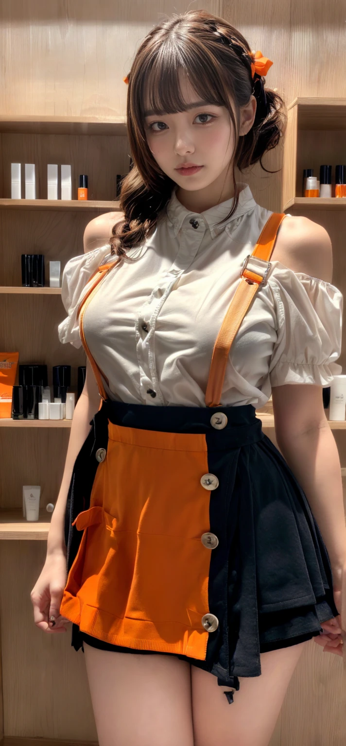 (8K, RAW Photos, Highest quality, masterpiece:1.2), (professional photography, full colors, studio-caliber color grading), (Gravure quality for high-end fashion magazines), BREAK,18 year old girl, short bob hair, crying a little, Harajuku style, Big Natural Color Lip, (Plumpy body:1.2), (smooth skin:1.1), (huge breasts:1.0), BREAK ((orange, tangerine) and white theme:1.4), (family restaurant waitress uniform:1.2), (wearing an (orange high waist jumper skirt, orange layered waist apron with orange shoulder straps) over a (white blouse with white buttons):1.4), (emphasize under boobs:1.5), (fusion of bouffant sleeve and short sleeve:1.3), (button up:1.2), (wearing a orange shoulder straps over a white blouse:1.2), ((bare arms, bare legs):1.2 (pumps:1.1