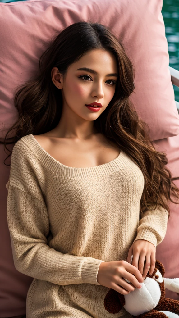 (Night, Realistic Light, Best Quality, 8K, Masterpiece: 1.3)), 1girl, Slim Beauty: 1.4, Abs: 1.1, (Brown hair, natural large breasts: 1.3), long ping sweater: 1.1, royale Bedroom, Super fine face, ((show detailed cleavage and navel)), Delicate eyes, Double eyelids, smile, necklace, ((Nfsw)), ((hyperrealism)), (show big thigh), (plump body), korean face