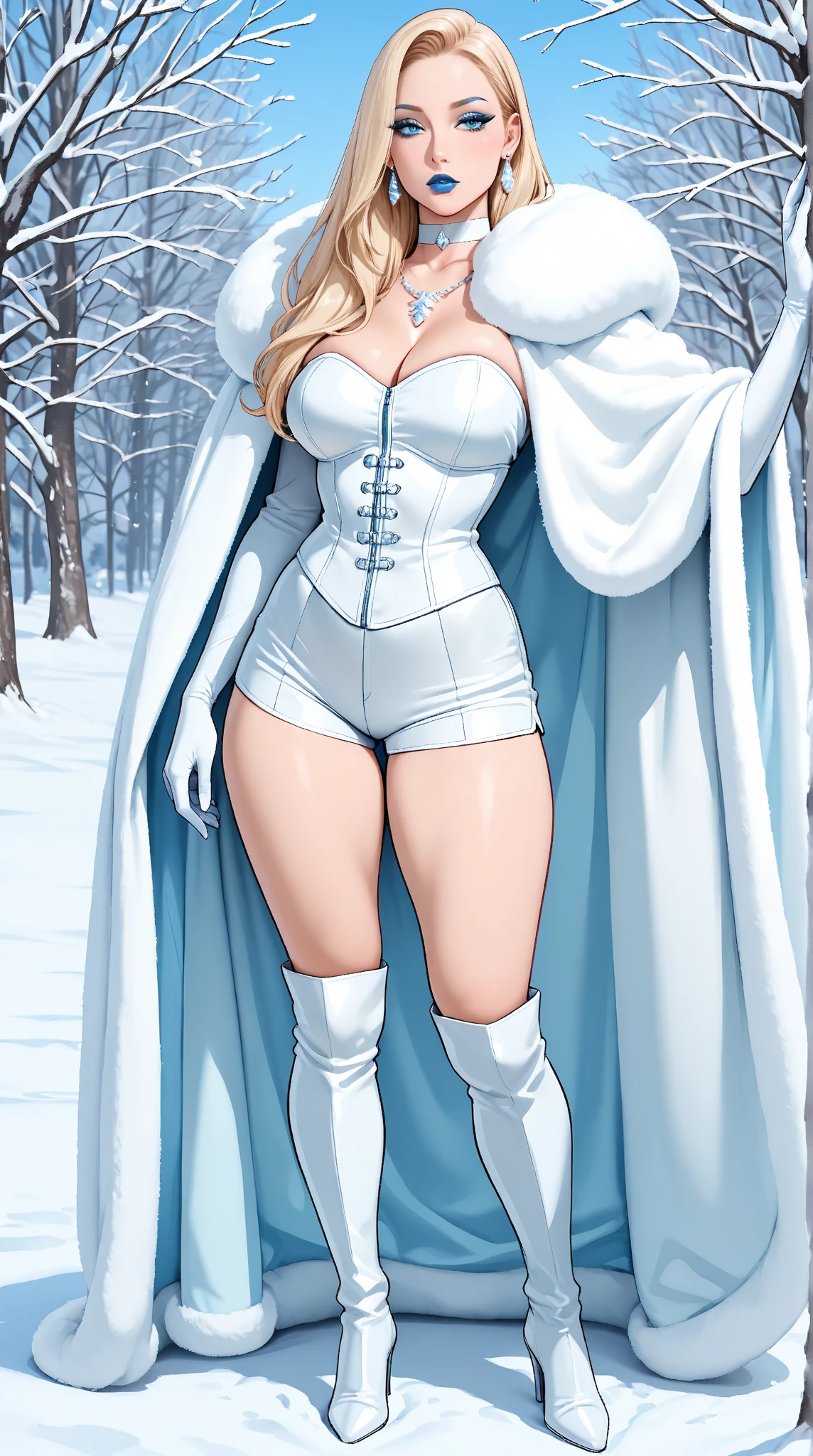 (hyper-realistic full-body photograph) of the ((16-year-old Russian girl:1)), with exceptionally albino_(pale skin and long, dark hairstyles). She possesses a curvy_muscular_((voluptuous and prominent figure with a perfect hourglass silhouette and muscle shaped)),. The image aims to capture her in a bottom-up perspective, She's ((wearing a Erotic snow_white character costume)), erotic-con showcasing her devotion to the SnowWhite by Disney fandom. This photograph is a celebration of the Disney character, emphasizing the (VFX-enhanced colors that bring a touch of fantasy to the real world). (The camera lens is set at 35mm, offering a wide-angle shot that emphasizes her height, extremely seductively and the intricate details of the costume). (The lighting should be dramatic), ((accentuating the shadows and highlights on her sexy full figure)) (like by Netflix movie wallpaper) ((The desired level of detail is extraordinarily high, and the image should be in ultra-high definition, highlighting the vivid colors and textures)). The goal is to create a captivating photograph that immerses viewers in a ((hyper-realistic fantasy)).