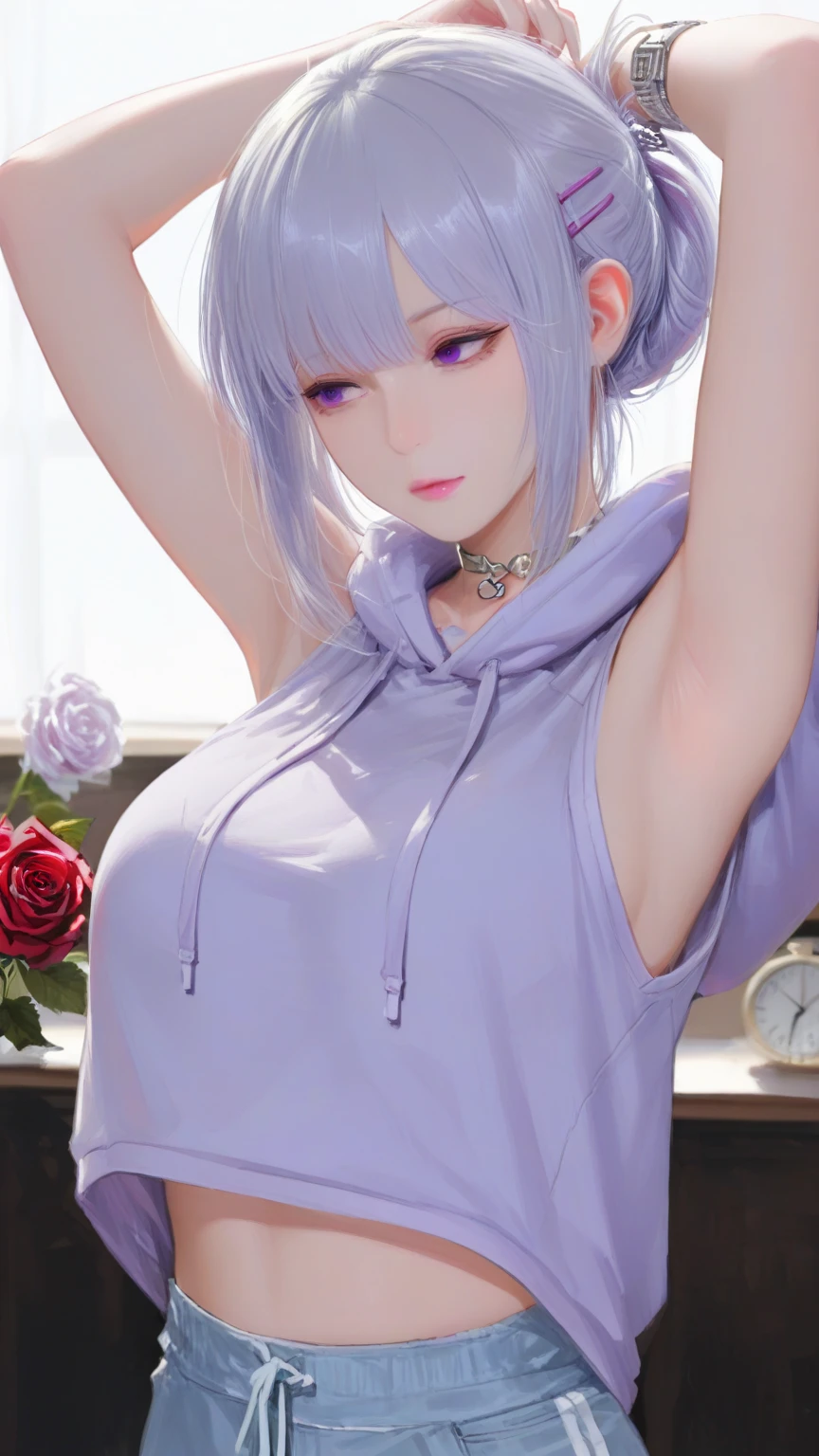 beautiful mature woman，Elsa, detailed finger， beautiful hand， Hyper realistic， 1 woman，Sorceress body with sagging breasts，fluffy chubby body, gray hair，neatly tied up hair， Super detailed face， detailed lips， detailed eyes， individual eyelids，  ((gray satin pajama shirt)), long gray satin pants, relaxing on the couch, bedroom, , sagging chest， Side posture， visible curves，The entire body represented in detail.，sexy big breasts，attraction，Seduce，cara orgasmica，beautiful feetchubby feet，The abdomen has abdominal muscles.., castillo  