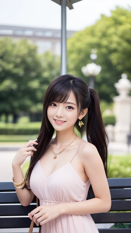 solo girl,stand in the park,casual summer knit dresses,(flower hair ornament,Braided top knot,Twisted side part ponytail braided headband,half up、Braided Space Van,voluminous fishtail braid,Twisted pan),(The bangs are see-through bangs),(((emphasize the chest:1.3))),(dynamic angle),(dynamic and sexy pose),(lean forward:1.3),(((a majestic statue))),Disturbance of clothing due to movement,Breast flick,hairpin,necklace,earrings,Beautiful woman,.perfect face,With a round face,(A smile that makes people happy:1.7),big and full breasts,,intricate details,very delicate and beautiful hair,realistic,dream-like,realistic shadow,focus only,beautiful hands,beautiful fingers,Detailed functions of fingers,Detailed features of the garment,Detailed characteristics of hair,detailed facial features,、(professional lighting),(Photoreal:1.3),(RAW photo.),(highest quality,Ultra high resolution output image,) ,(8K quality,),(Image mode Ultra HD,)