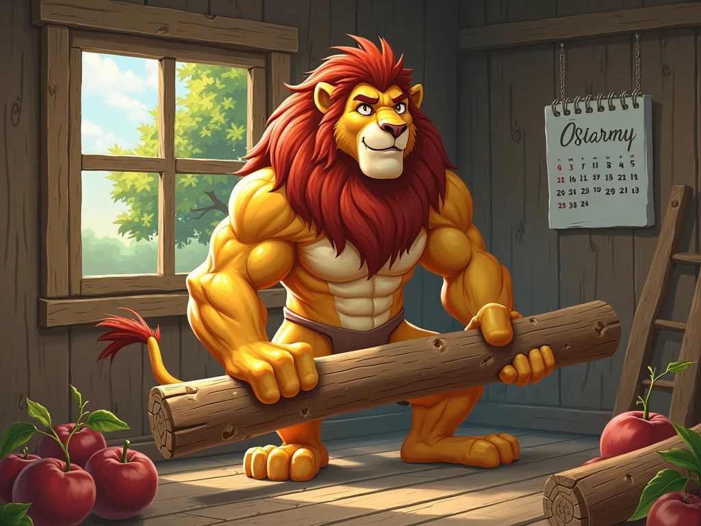 Cartoon lion lifting weights