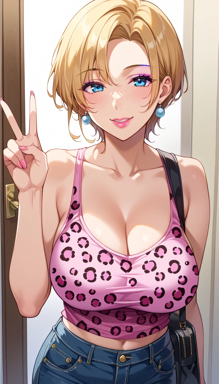 (Slim blonde gal:1.45)、(Naughty Thong:1.35)、(If normal, chest:1.25),(Look here:1.35)、(Ecstatic smile with closed mouth:1.15)、(Asymmetrical medium mannish hairstyle:1.15)