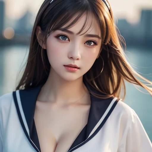 1 Girl, (Highest quality:1.4), (Very detailed), (Very detailed美しい顔), Great face and eyes, black eye, Black Hair, (Sailor suit, school uniform:1.2), (Cleavage), Smooth, 8K wallpapers incorporating highly detailed CG, High resolution raw color photos, Professional photos, Light, BackLight, dream-like, impressive, Written boundary depth