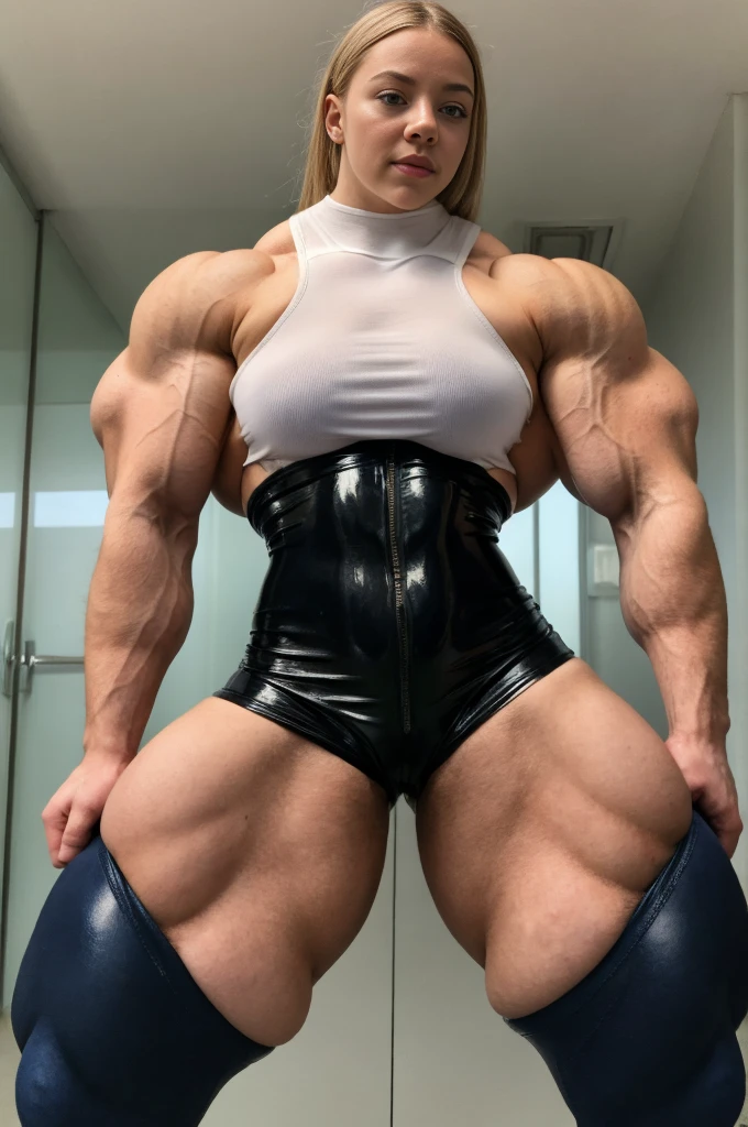 (professional female bodybuilder in full body black latex catsuit:1.25), (megan fox:1.25), bdsm, (full body skin tight latex suit:1.25), (smooth glossy black skin:1.25), (glossy latex:1.25), (bulging veins:1.5), (veiny veins:1.5), (full body pose:1.5), white skin, white hair, (perfect anatomy:1.5), (super muscular professional bodybuilder:1.5), (huge muscular arms:1.5), perfect model face, beautiful gorgeous smile, (super muscular physique:1.5), (muscular female bodybuilder:1.5), (huge muscular arms:1.5), (Larger biceps:1.75), large forearms, (((narrow hips))), veins everywhere, thin thighs, (thinner legs), (larger upper body:1.5), (small pecs), muscular chest, small waist, (perfect fingers:1.2), (full body pose), (UHD 8k:1.5), solo female, realistic image, high detail, photo quality, beautiful girl, best quality, ultra-detailed, masterpiece, finely detail, realistic skin texture, 85 mm art lens, f 1.2, sharp focus, 8 k high definition, insanely detailed, intricate,