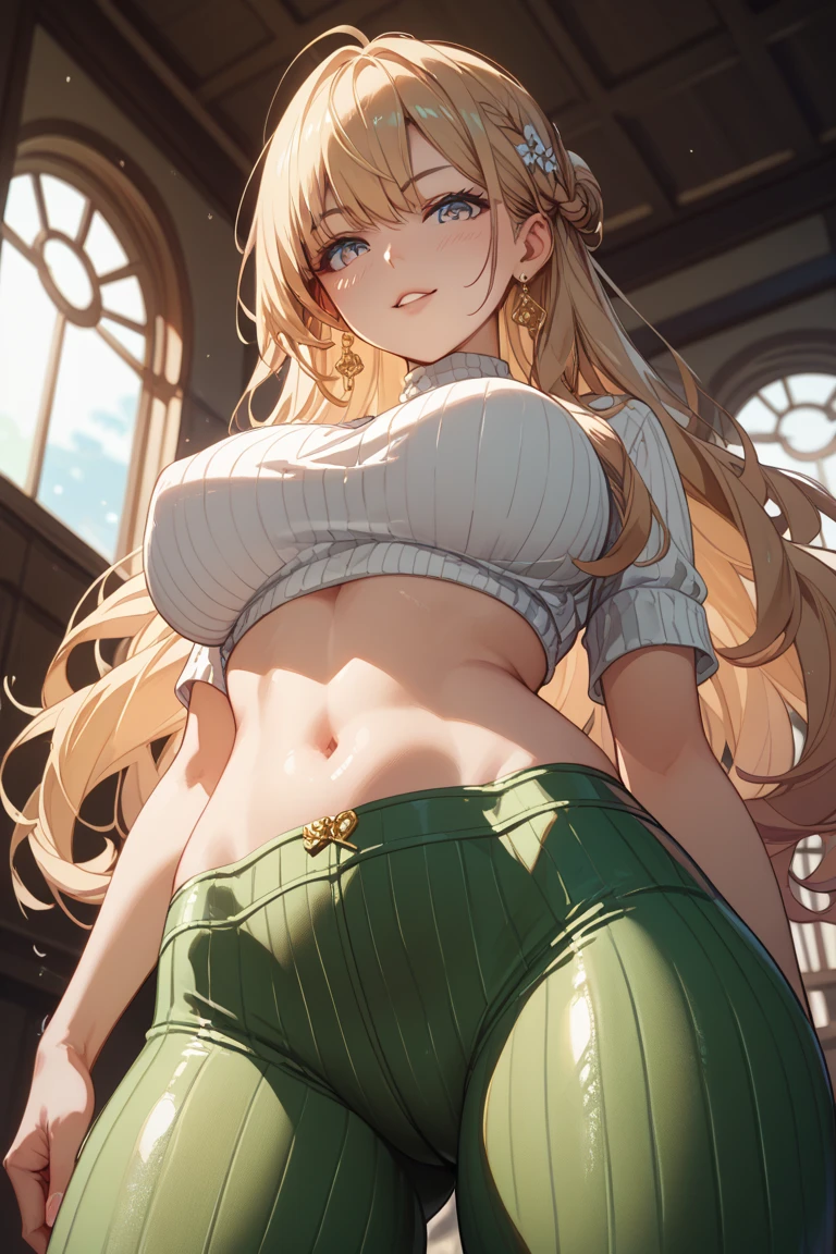 (masterpiece), (highest quality), (figure), (Very detailed), (High resolution), (8k), One Woman, Big Breasts, Brunette color hair, Double up braid, Long Hair, Long Hairと短い髪, Very cute girl, , delicate, she, Charming smile, Green Eyes, Bright Eyes, Vivid eyes, cute, Thighs, Waistline, cute顔, delicateな腕, Beautiful Eyes, Looking up, indoor, boyfriend's perspective, I love you,