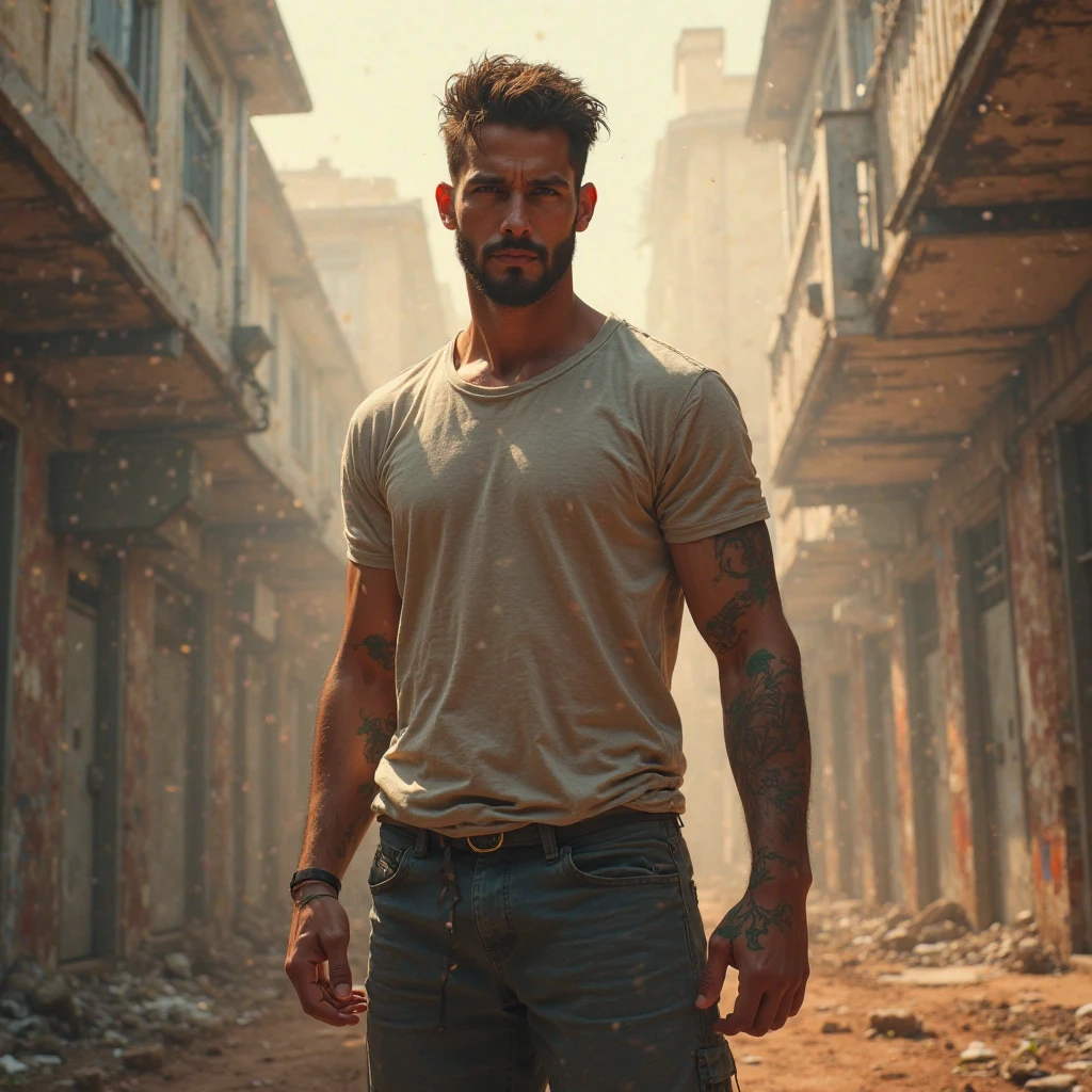 A young man with a defiant expression, dressed in scruffy clothes and a worn-out urban setting. Maybe graffiti with social or political themes on the walls.