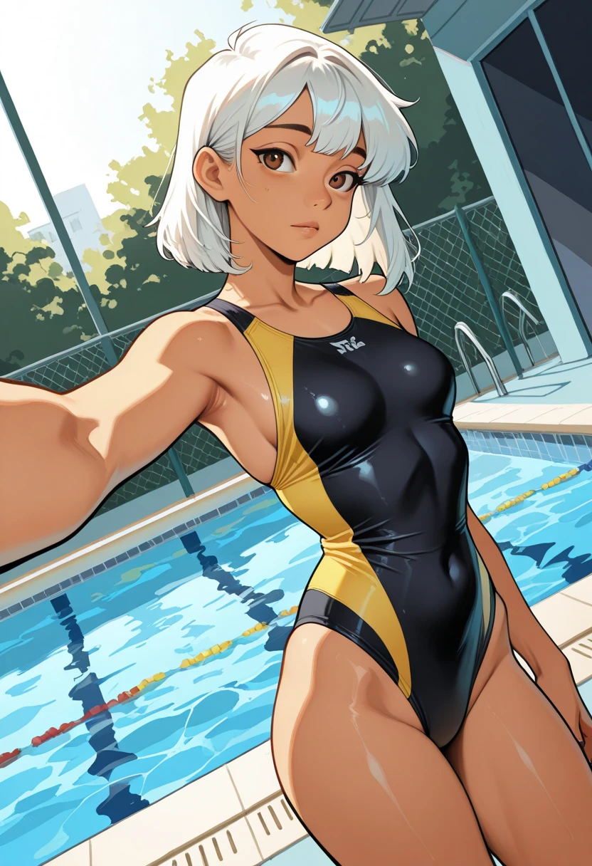 Tan, tanned skin, swimsuit, V-shaped swimsuit, swimsuit with very little fabric, showing too much skin, exposing navel, no underwear except for ultra-thin V-front micro plunge., ((Super thin V-front micro plunge only)), ((Black super thin V-front micro plunge only))