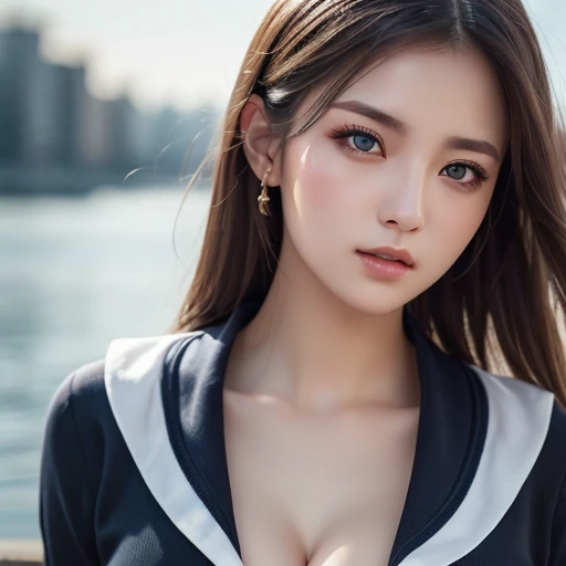 1girl, (kawaii face:1.2), (button shirt:1.2), cleavage, (Best Quality:1.4), Realistic, extremely detailed CG unified 8k wallpaper, highly detailed, High-definition raw color photos, professional photography, Realistic portrait, Beautiful detailed, Close up portrait of girl, Outdoors, harbor, sea, Beautiful sunset, illumination, (Fine face:1.2),