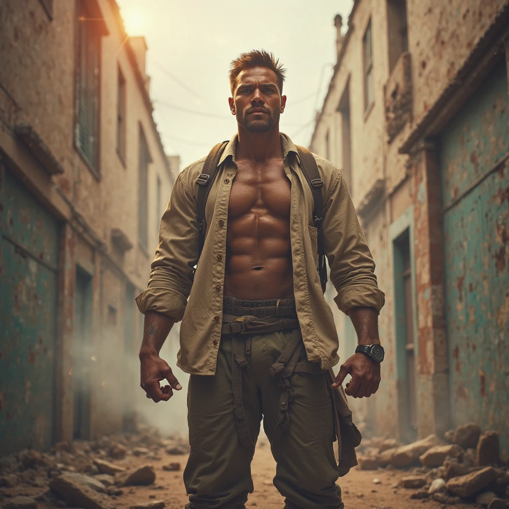Young barefoot muscular rusty himbo boy with hot libido, street fighter. Trains on an abandoned outdoor sports ground. Sweaty athletic trained body with steam coming from it. Brown eyes, very short brown sweaty hair. Unbuttoned black blue ripped sleeveless sports jacket, black worn sweaty sweatpants. A pose showing sweaty bare feet and heels. full height
