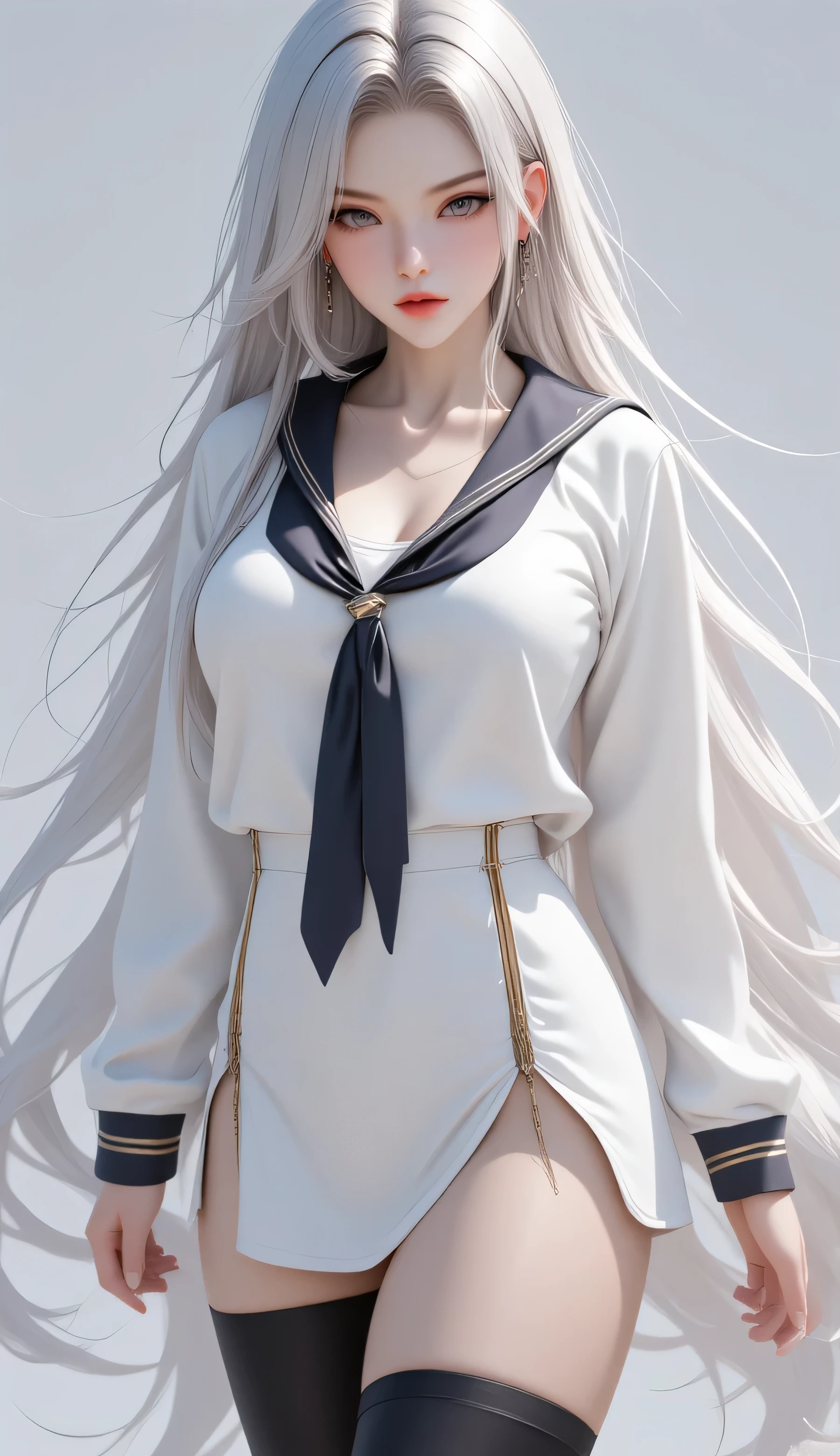 Cool Beauty, Excellent figure, Slim waist, Pure White Sailor Suit , Black Tight Fit Knee High Socks , White Shiny Silky Straight Hair ,, amount, makeup, Passionate and lascivious expression, Attractive Eyes, attentive, Elegance, dignity, Mr.々Effects , Delicate and dynamic textures, light and dark contrast , 2.5d, art pictures, super realistic, digital graphic CG, Super Detail, absolute resolution, best quality