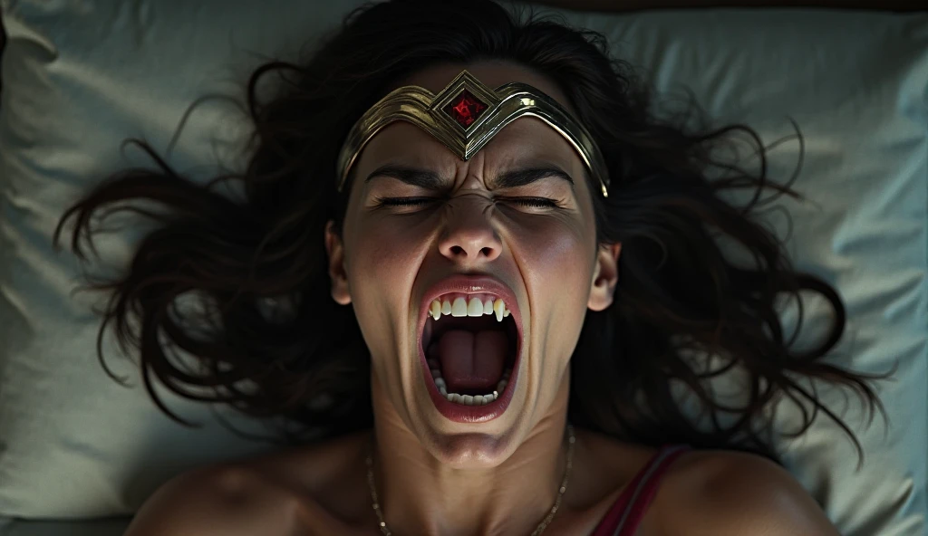An angry looking wonder woman in bed. Close up. Looking at viewer. Shot from below
