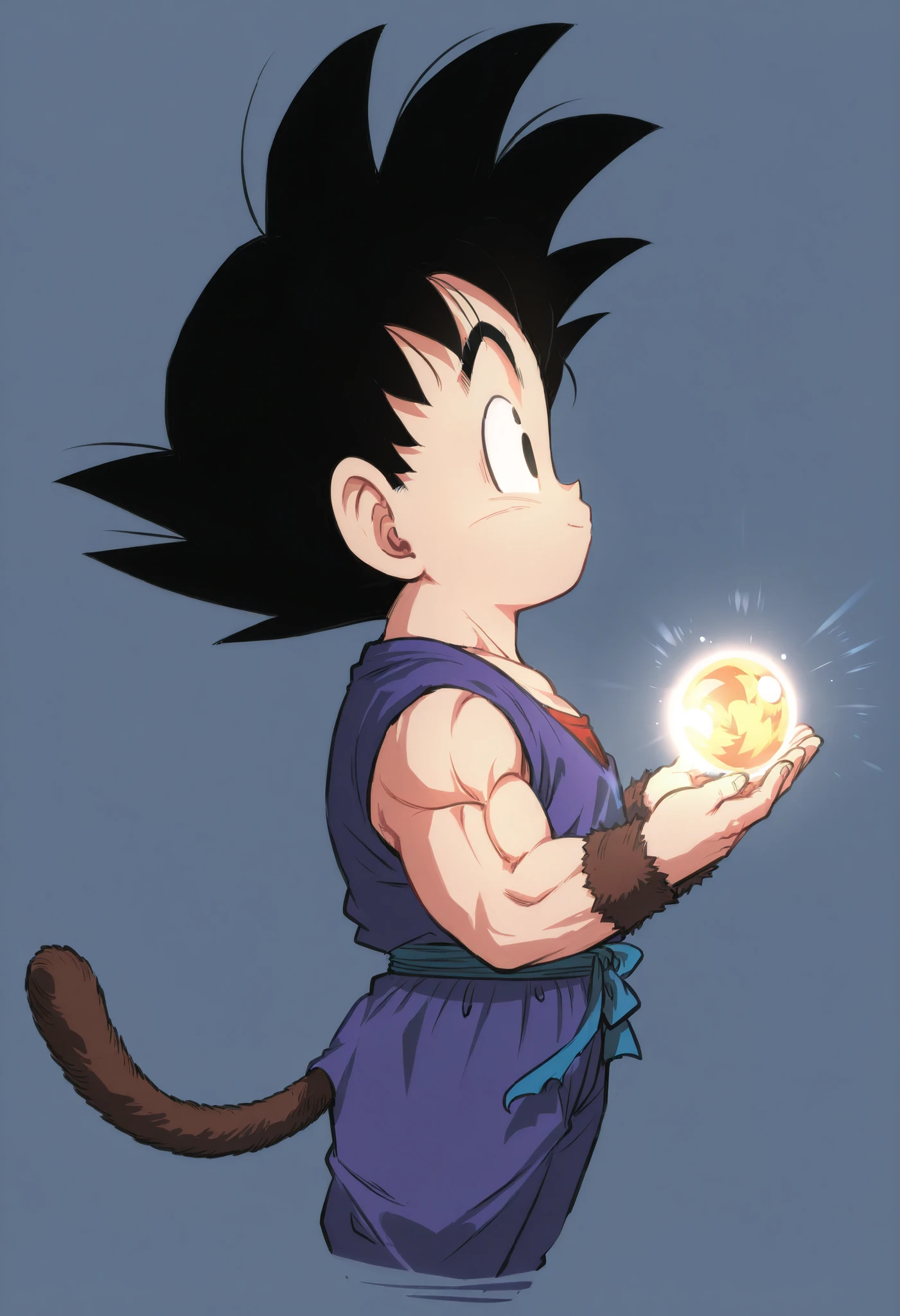 Dragon ball, Goku hold a dragon ball with two hands , black hair, black eyes, chibi, monkey tail, side view, upperbody