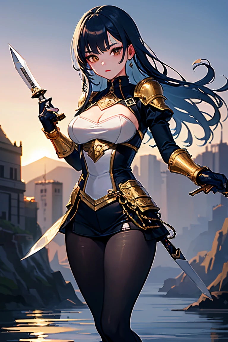Very detailed, beautiful, Master Parts, Highest quality, beautifulディテールの丸い目, Beautifully detailed face, Medium Long Hair, Woman in silver and blue dress, Seiwei PanM Art Station, by ヤン・J, Detailed fantasy art, Amazing character art, Fan Art Best Art Station, Magnificent and elaborate character art, beautifularmor, Very detailedアートギャラリー, detalhes completos armorの, Detailed digital anime art, ArtStation Pixivのアートジャーム, armorの, (Huge breasts, (Huge breasts:1.1), Thick chest, Coarse belt), (Wide Hips:1.4, Toned thighs, Curved body), young woman,((breastplate)),armor,((Realistic hand holding a sword)),(((全身armor)))