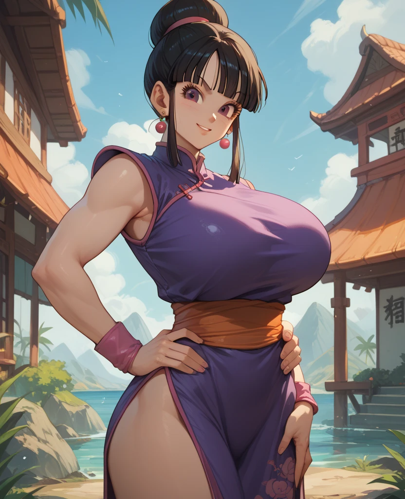 chunlims, sexy woman, mature, milf, huge breasts, large breasts, curvy, voluptuous, completely nude, nude, pussy, nipples, earrings, sweating, shiny skin, serious, standing, solo focus, street, chinese temple, outdoors