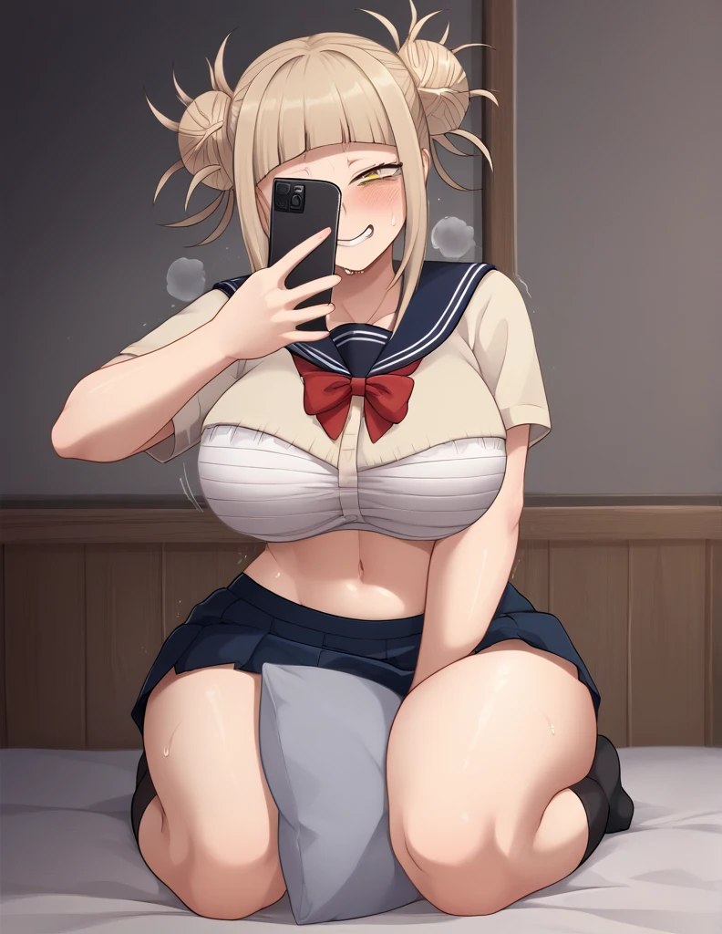 Kamikaze,short hair,blonde hair,brown eyes,red neckerchief,headband,excessive pubic hair, exposed , nudity, slutty, excessive pubic hair,, nipples, NSFW, masterpiece, best quality, bathroom setting, standing, facing viewer, seductive, pubic hair, slutty, facing viewer, perfect anatomy, (1girl, solo:1.3), topless, slutty expression, dirty bathroom, slum, excessive pubic hair, smile, taking a nude selfie:1.2,