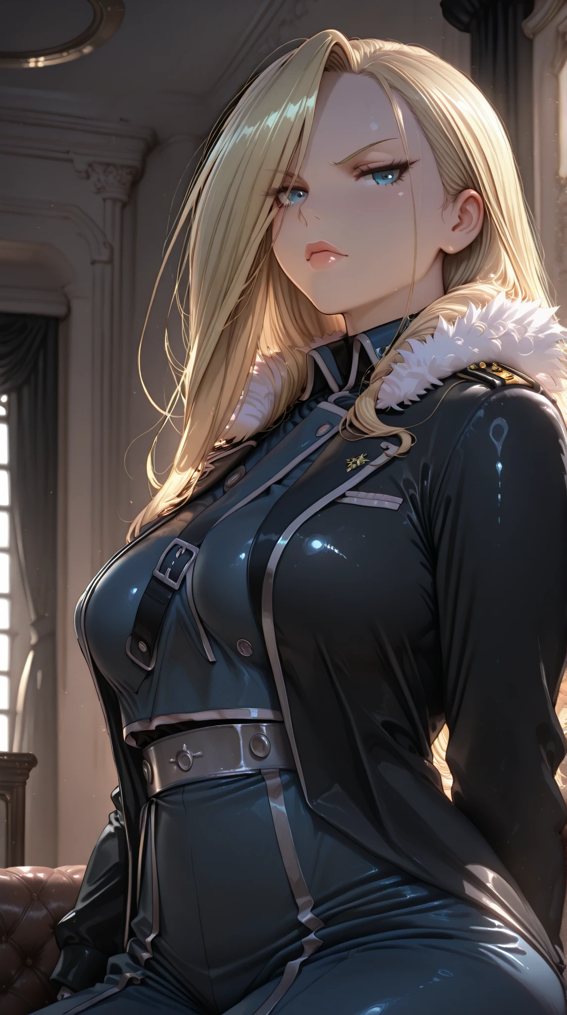 High resolution, Very detailed, perfect lighting, beautiful detailed eyes, ((masterpiece,Best Quality)), absurdities, alone, princess zelda, by the width, crown braid, Hair clip, pointy ears, corset azul, long sleeves, Gloves without fingers, black gloves, tight latex pants, smile, curves, nod, , deep neckline, deep neckline, NSFW, visible nipples, tight latex pants, Primer plano frontal, Primer plano frontal, Session