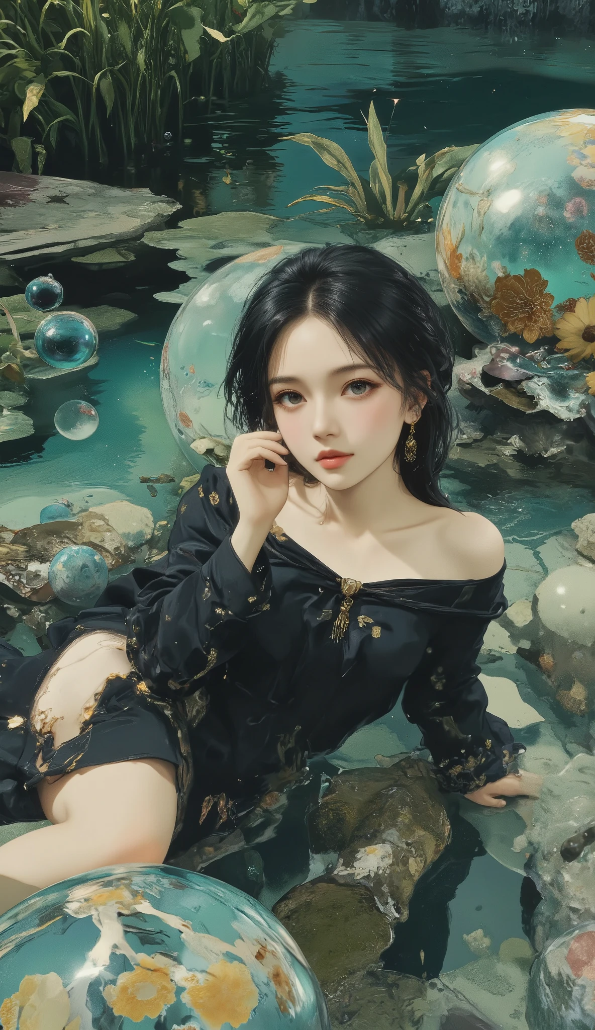 masterpiece, best quality, super res, perfect anatomy, absurd, dreamy、collage art、female, shallow water surface、lie on your back、Black and dark 、Clear crystal ball with lots of lights, Past Memories、Other People's Dreams、bubble gum, calm、Peaceful、Bird’s-eye view