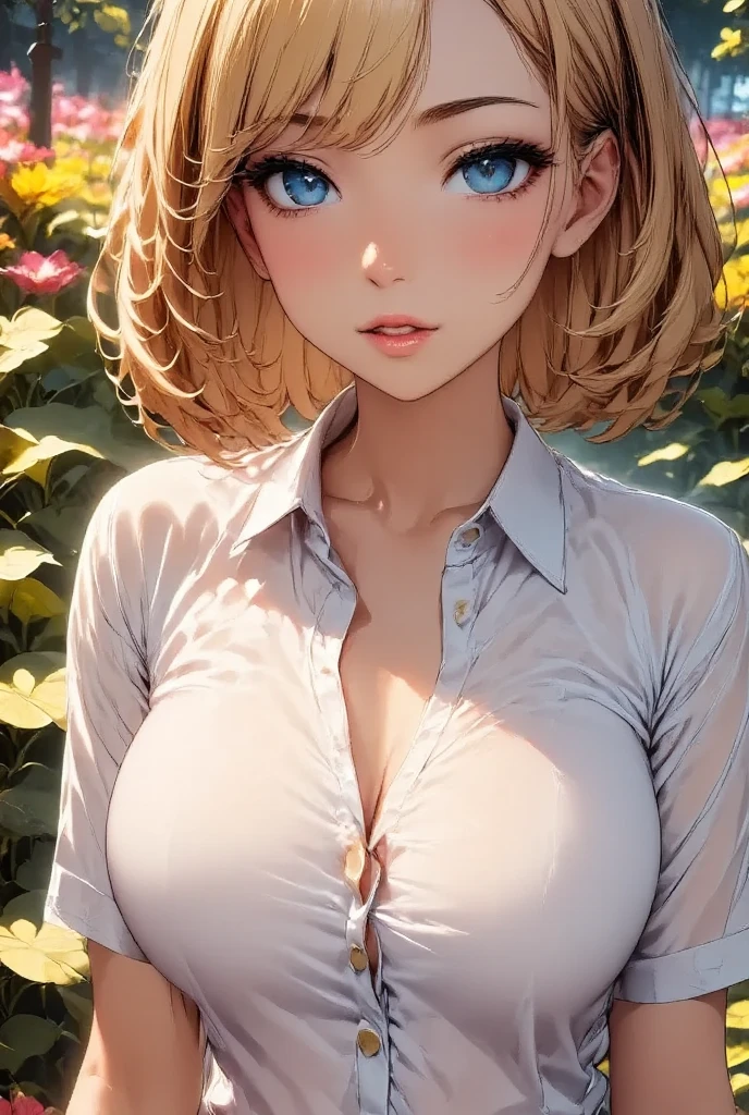 first portrait, sexy SSpelo rubio, parted lips, lips, casual wear, looking at the viewer, forest background, evening lights, Realistic busty