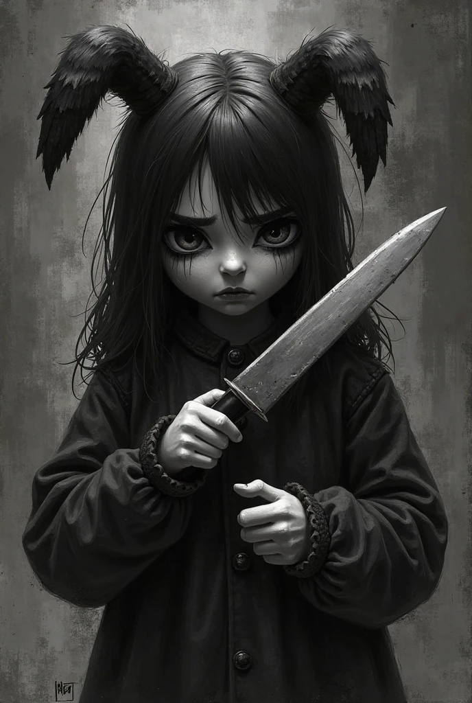 realistic, little girl holding a knife