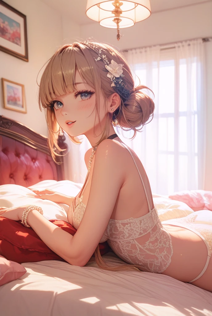 (Best Quality,High resolution,8K,finelity detailed background,Masterpiece:1.2),beautiful girl,Shiny khaki hair,messy hair,Khaki Eyes,Gentle look,A refreshing look,Best quality,Best Quality,Aesthetic and aesthetic:1.2,Best details((Super detailed))(High-definition CG illustrations),Glamorous black underwear (black,intricate lace),Slender body,night,Moonlight,Bedroom,On the bed,smile,blush,cute,Scrounge,Looking up,Being spoiled,Smiling Kindly,super model,wariza,shoot from below