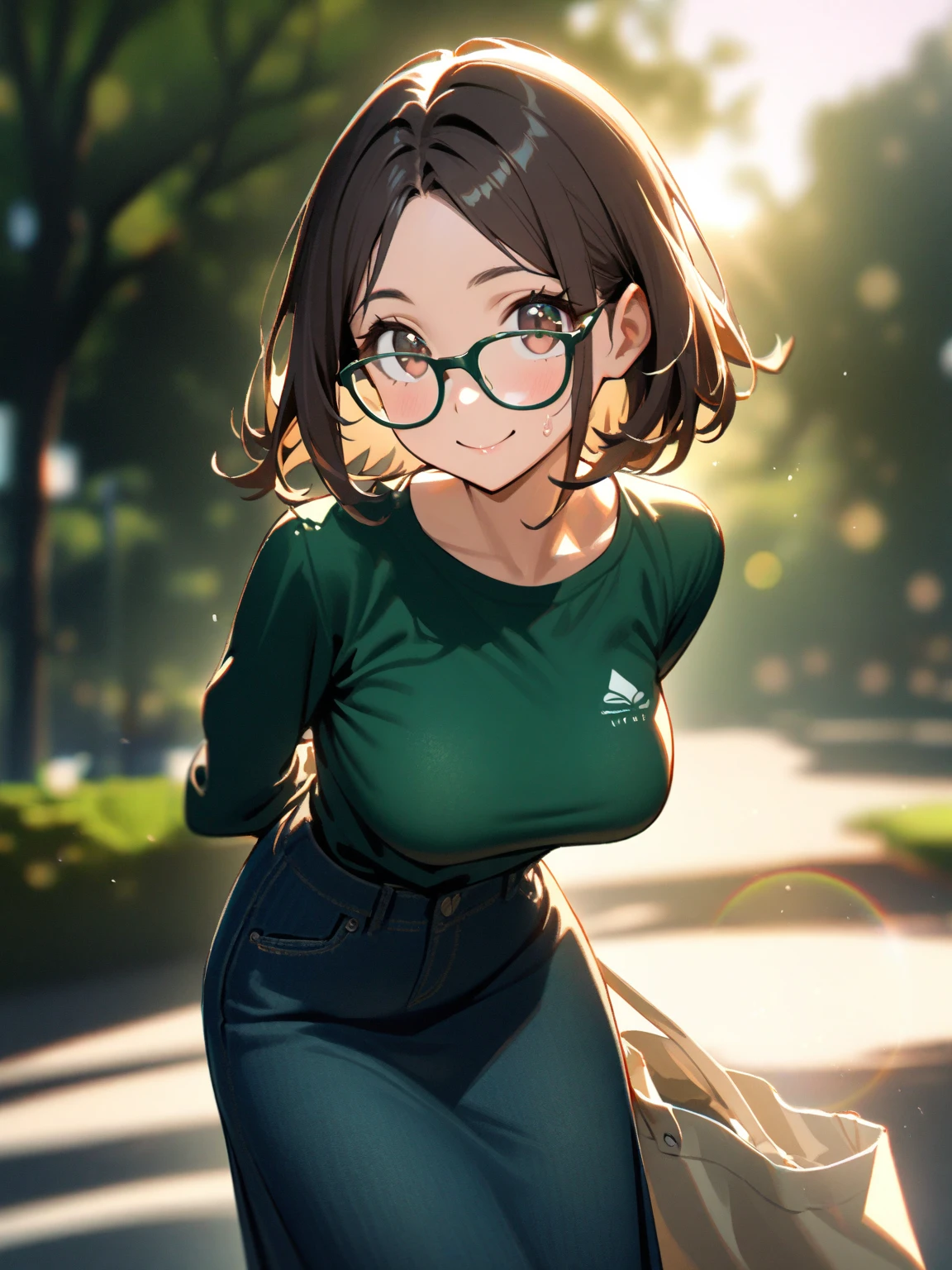 1 female. Bangs hairstyle, face, green back, smile face, Big Breasts, Thick-rimmed glasses. (detailed black rim glasses). 22-years-old beautiful female. Stand. Put the hand on the bicycle handle. thick pants