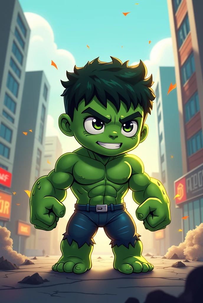 Chibi style, Hulk in the style of, cute background, 3D game art, high resolution, in focus, city, anime style, dynamic pose, game cover