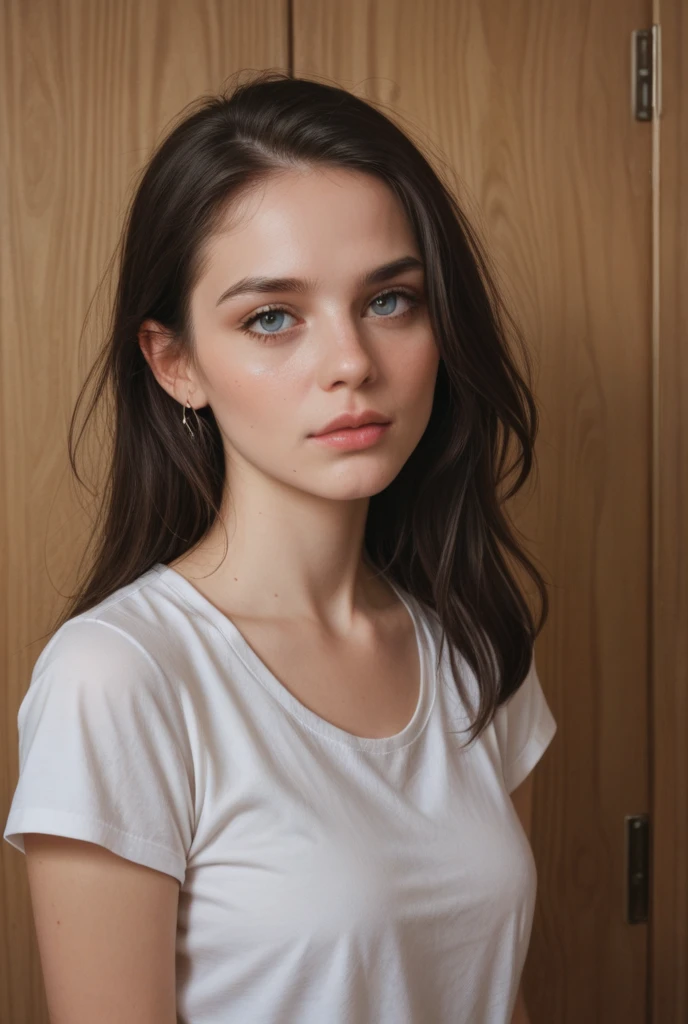 ((best quality)), ((masterpiece)), (detailed), perfect face, age about 20 years old, 1 girl, passport photo, straight photo, serious face, looking into the camera, blue eyes, brown hair, flowing long hair, photo