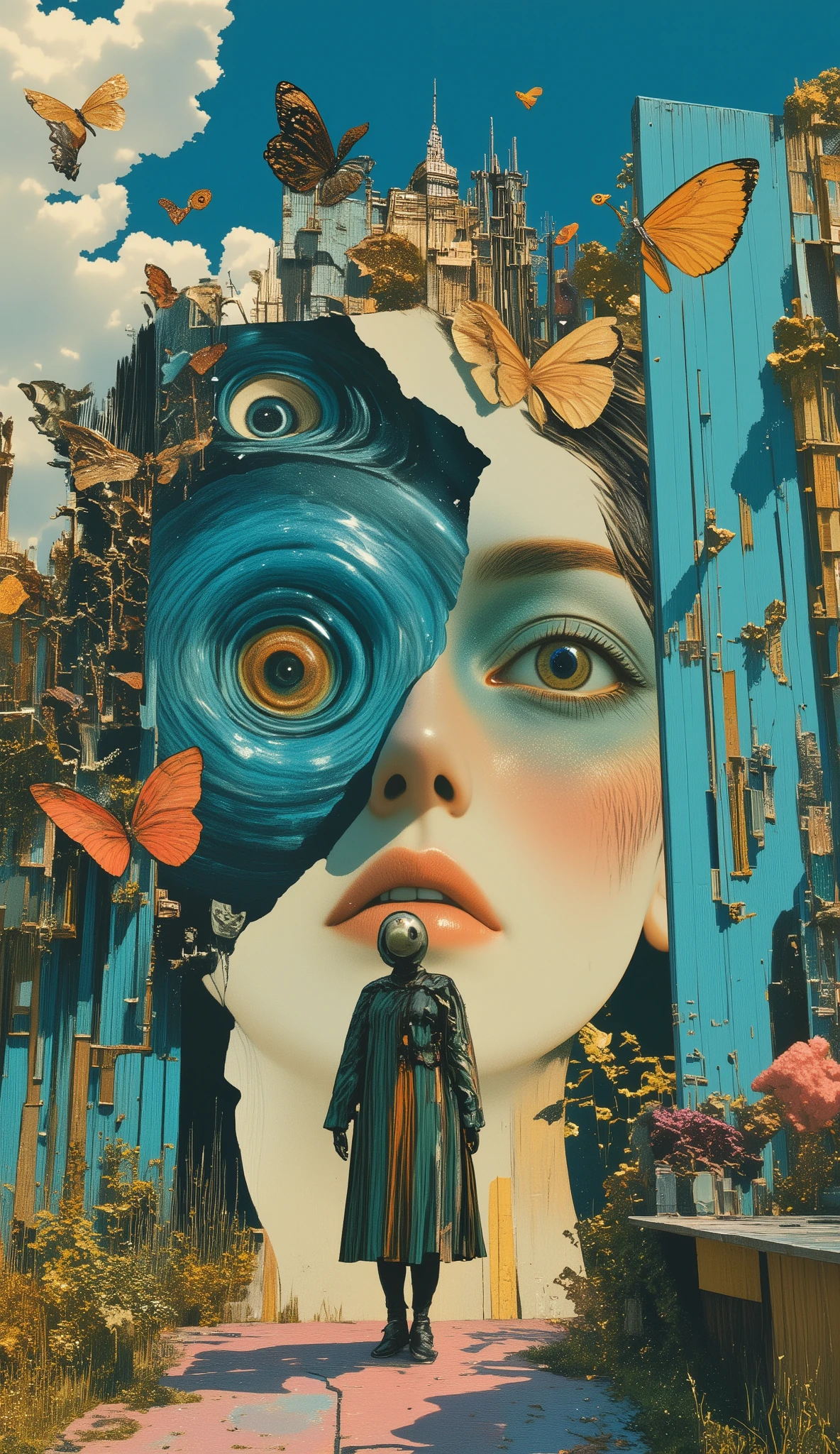 masterpiece, best quality, superless, perfect anatomy, female, detailed face, butterfly々face、blue sky、  White Clouds  、 window、pipe tobacco、The blue apple is rolling、Magritte style、dramatic, dynamic, absurd, metaphysics  