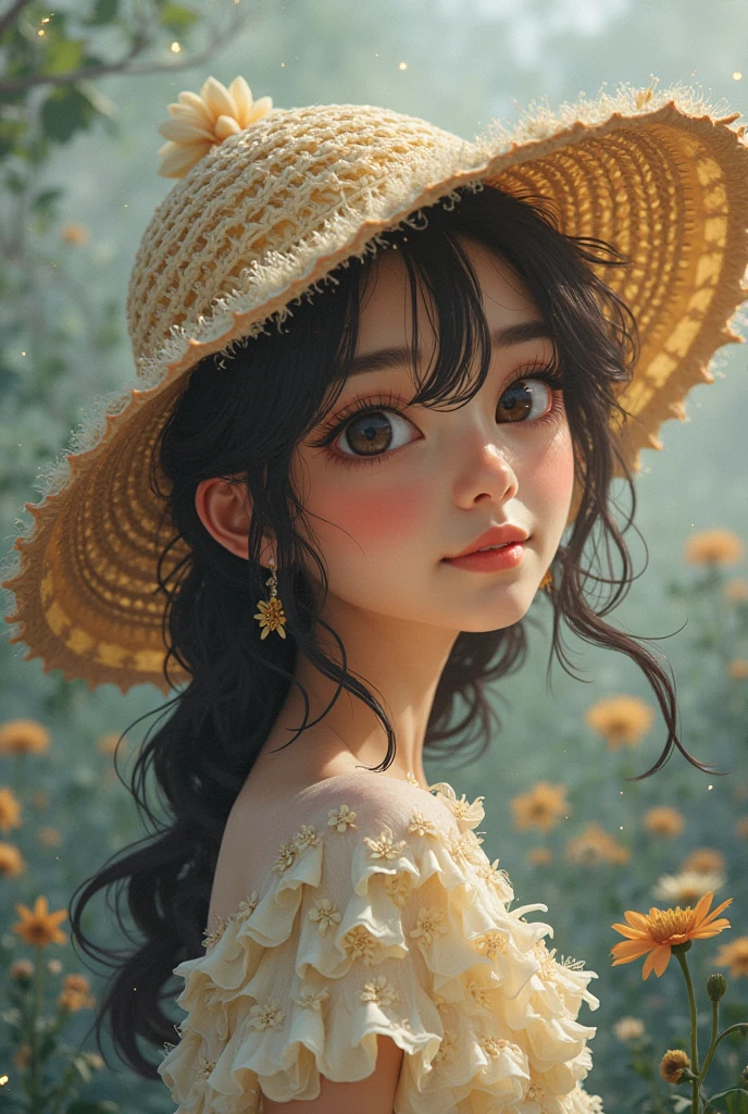 Under the blazing sun、Hot midsummer day。girl sweating。Wipe the sweat from one's forehead with one's hand。smile。