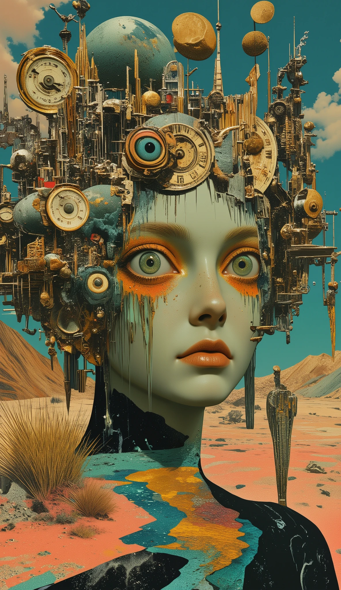 masterpiece, best quality, superless, perfect anatomy, female, detailed face,Machinery Parts、Nature above the desert、sea、Melting clock、perfect balance between Dali style and De Chirico style、weird、dramatic, dynamic, absurd, metaphysics