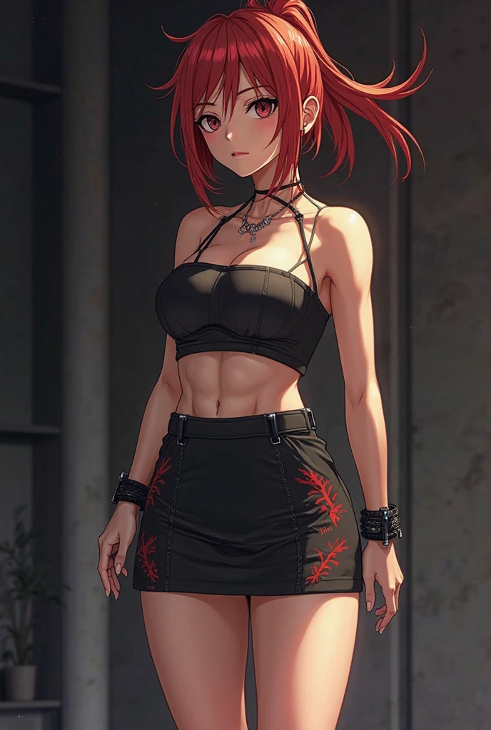 ((masterpiece, highest quality:1.3)),Thief、cowboy shot,25 year old beauty,solo,((very small head)),red hair,ponytail hair,long hair,red eyes,blunt,skinny,medium breasts,((long body)),slender body,skinny,shiny skin,oily skin,Bullish expression、(Tight black camisole、Crop length)、navel、Short sleeve、Brown Leather Gauntlets、Pleated red mini skirt、white_thighhighs、Injury、trap、Breaking into a large mansion、Old big mansion、forest、Sunlight filtering through the trees、